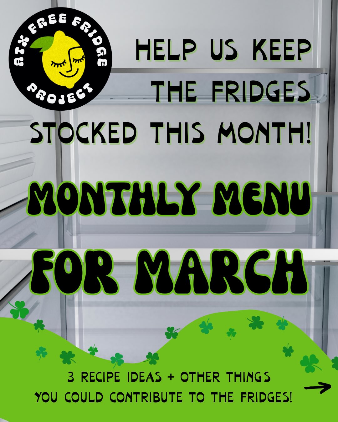happy march ☘️ here are some meals you can make that don’t have to be reheated, since not everyone has access to a microwave/stovetop.
do YOU have a cold recipe you want to share with the community? please send it our way 🤗
friendly reminder, dating and labeling any prepared meals that you contribute is REQUIRED! help keep everyone safe y’all 🥰
if you need containers, DM or email us and we can get you connected with a volunteer container distributor!
if you’re in a place of abundance, please give what you can this month. if money is tight, please share and sign up for a cleaning shift!
thank y’all for contributing and for throwing away any trash you see/wiping down any spills while you’re at a fridge! 💛🍋💛
DM us if you have any questions :)
#SolidarityNotCharity #coldrecipeidea #atx