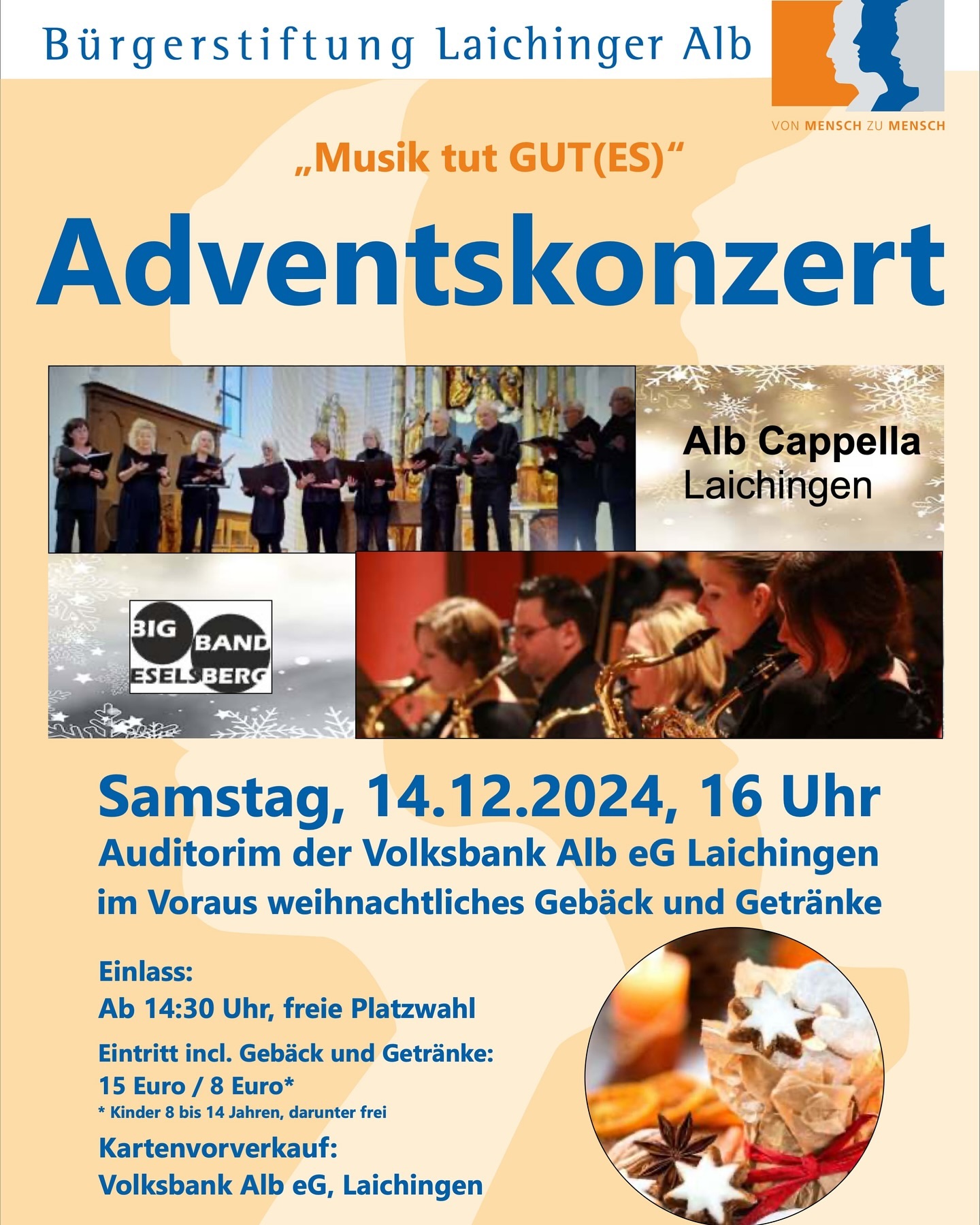Adventskonzert in Laichingen. Die Bürgerstiftung Laichinger Alb lädt am 14.12.2024 zum Adventskonzert ein. Es spielen die Big Band Eselsberg aus Ulm und Alb Cappella aus Laichingen.
Karten gibt es bei der Volksbank Laichinger Alb in 89150 Laichingen
#konzert #adventskonzert #laichingen #laichingeralb #albdonaukreis #musiktutgut #bürgerstiftunglaichingeralb #adventszeit #kultur #bigband #eselsbergulm #ulm