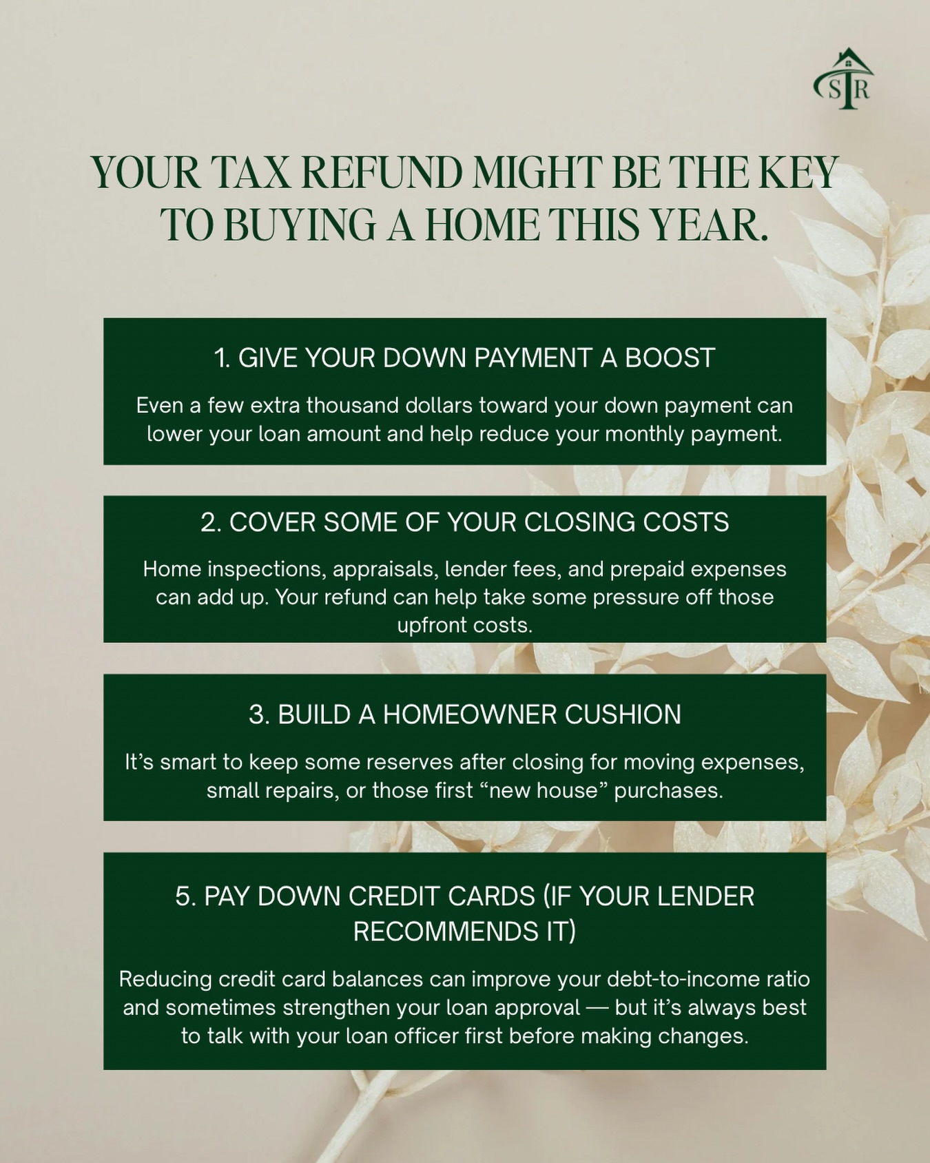 Tax season is here — and your refund could actually move you closer to homeownership. 🏡
Many buyers don’t realize a tax refund can help with things like pre-approval, a down payment, or even closing costs. A little strategic planning can go a long way when you’re preparing to buy.
Before you spend it all… take a look at a few smart ways buyers are using their refunds to prepare for purchasing a home.
If buying a home this year is on your mind, let’s talk about your options and create a plan that works for you.
~ S. Thomas Realty Group
Helping you move from dream to doorstep.