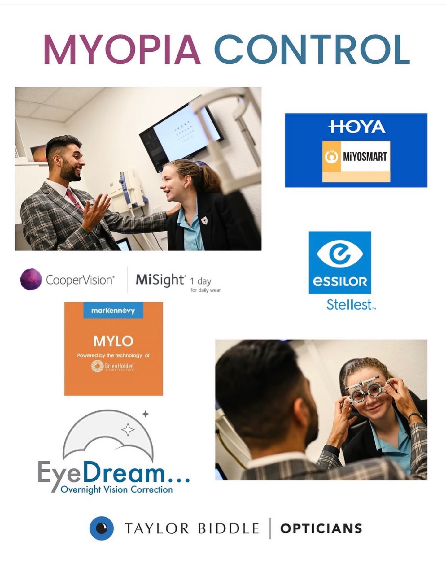 👓 Myopia Control 👓
Myopia (short sightedness) is becoming far more prevalent amongst children, and it’s estimated that by the year 2050, roughly half of the world’s population will be myopic 👨👩👧👦
Not only does myopia progression means that the spectacles get thicker and heavier as they increase in strength, and that your child becomes more dependent on them as they are increasingly unable to see without them, but there are eye health benefits of limiting the progression and end stage prescription. Myopia management may reduce the risk of your child developing myopia related sight loss in adulthood. We now have several methods open to us to limit the progression of myopia 🙌
There are two types of contact lenses available:
Soft specialist daily contact lenses (MiSight / MYLO) – which need to be worn for about 10-12 hours a day for at least 6 days a week. Or there is Ortho K/EyeDream lenses – These are ‘hard’ lenses which are worn overnight. The lens gently reshapes the cornea (front of the eye) altering the prescription so that spectacles/contacts are not required during the day. These lenses are worn every night for a minimum of 8 hours. Additional spectacles are not required!
If your child would prefer glasses instead of contact lenses, we are proud to offer two different advanced spectacle lenses as an alternative - MiYOSMART and Stellest 🤓
From HOYA, the MiYOSMART lenses are an innovative spectacle lens incorporating ‘DIMs’ technology (defocus incorporated multiple segments). Worn full time, they are lightweight, impact resistant and go up to a -10.00 prescription!
Stellest lenses from Essilor also aim to slow the progression of Myopia. Thanks to their H.A.L.T technology, research suggests that Stellest lenses can slow down myopia progression by 67% on average when compared to single vision lenses.
Speak to our staff in store today to find out more! 🤗
#opticians #eyewear #sunglasses #glasses
#optical optician eyeglasses optometrist
optometry eyewearfashion spectacles
eyewearstyle eyecare fashion frames