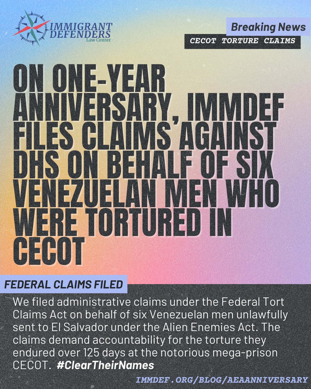 🚨BREAKING NEWS: One year after the U.S. government invoked the Alien Enemies Act to send more than 250 Venezuelan men to El Salvador’s notorious CECOT prison, Immigrant Defenders Law Center has filed administrative claims under the Federal Tort Claims Act against DHS on behalf of six survivors - Andry Hernández Romero, Arturo Suarez Trejo, Maikel Olivera, Miguel Rojas-Mendoza, Ysqueibel Peñaloza Chirinos, and Pedro Escobar Blanco.
Our clients were beaten the moment they arrived at CECOT, before anyone even asked their names. What followed was 125 days of nonstop brutality: extreme physical violence, psychological torment, and in one case sexual abuse. This was not just a prison or detention center, but a chamber of human rights violations financed by DHS and the Trump administration.
Today, they are demanding accountability for the torture and abuse they endured, and calling for an end to the dangerous practice of third-country transfers. Today, they take their power back. #ClearTheirNames
🔗 Read the full press release:
https://www.immdef.org/blog/aeaanniversary