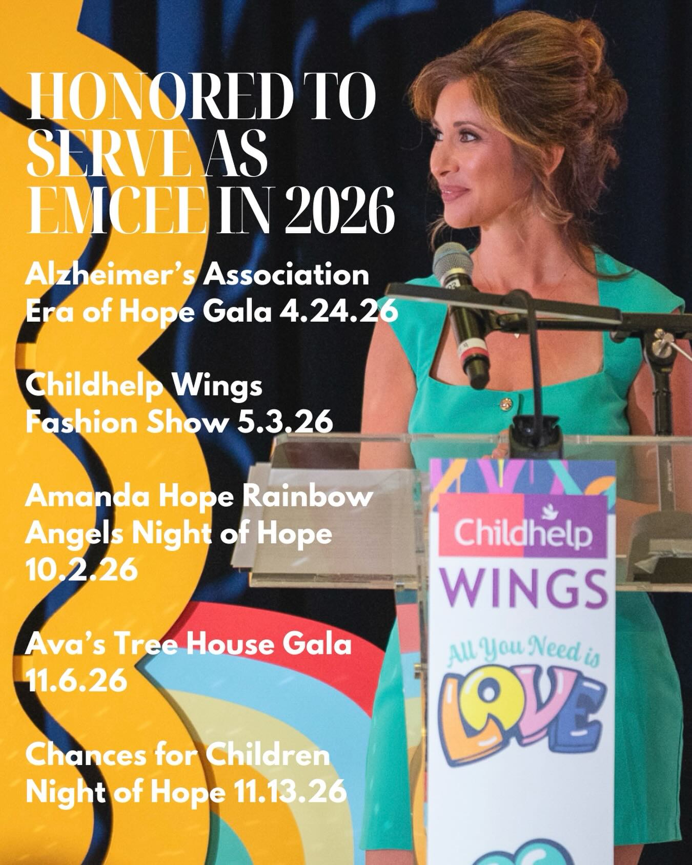 Honored, both personally and professionally, to emcee these powerful events on behalf of my family, our community, and @paradisevalleycitylifestyle. These organizations are changing lives, and I’m humbled to help bring their missions to the stage ❤️
🧠 Alzheimer’s Association Era of Hope Gala
4.24.26
Supporting groundbreaking research, care, and support for families impacted by Alzheimer’s disease.
👉Email me to sponsor or attend as our VIP
@alzdsw
🪽 Childhelp Wings Fashion Show & Lunch
5.3.26
Raising funds to prevent child abuse and advocate for children in crisis.
👉Email me to inquire about your child modeling
@childhelpazwings
🌈 Amanda Hope Rainbow Angels Night of Hope
10.2.26
Providing comfort, support, and resources for families navigating childhood cancer.
👉Email me to attend or donate an auction item
@ahrangels
🌳 Ava’s Tree House Gala
11.6.26
A cornerstone event raising vital funds and awareness for the AZ Cancer Foundation supporting children battling cancer and their families.
👉Email me to attend or donate an auction item
@azcancerfoundation
🇭🇹 Chances for Children Night of Hope
11.13.26
Bringing hope to Haiti’s 🧒 through education, medical care, orphan support, and women’s programs.
👉Email me to attend or donate an auction item
@c4c_haiti
💌 nadine.bubeck@citylifestyle.com
Grateful to each event chair for pouring their hearts into these missions and trusting me to play a role in amplifying their impact 💛