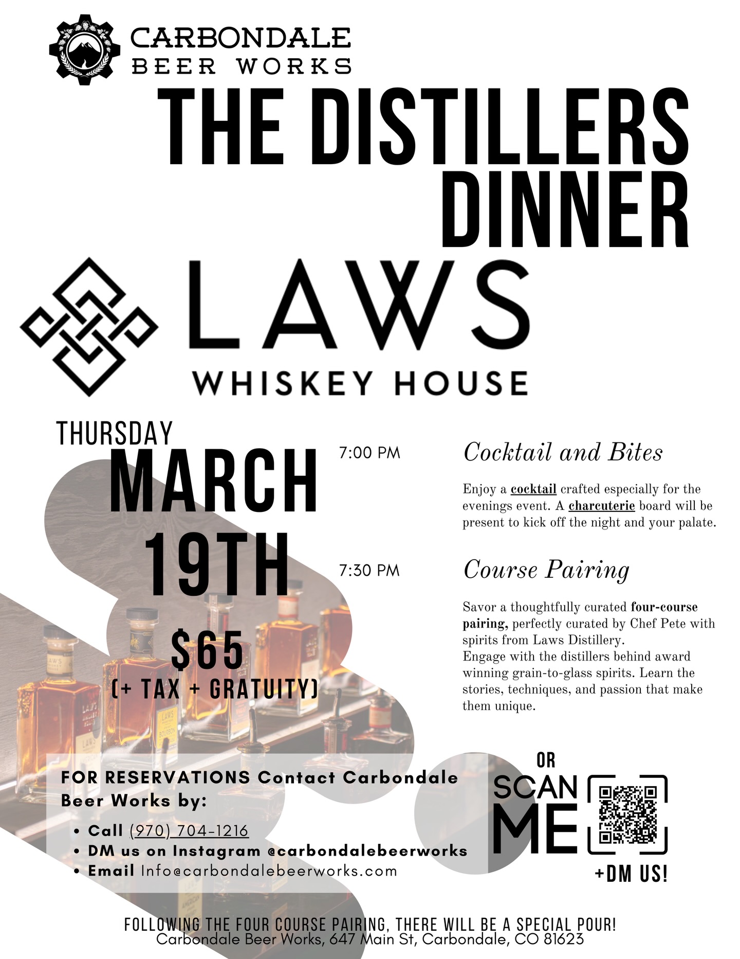 LAST DISTILLERS DINNER OF THE SEASON!
On March 19th we have @lawswhiskey coming to @carbondalebeerworks for a night of grain to glass whiskey, paired by our chef Pete @wheresthe_chicken
Make sure to RSVP for your spot!