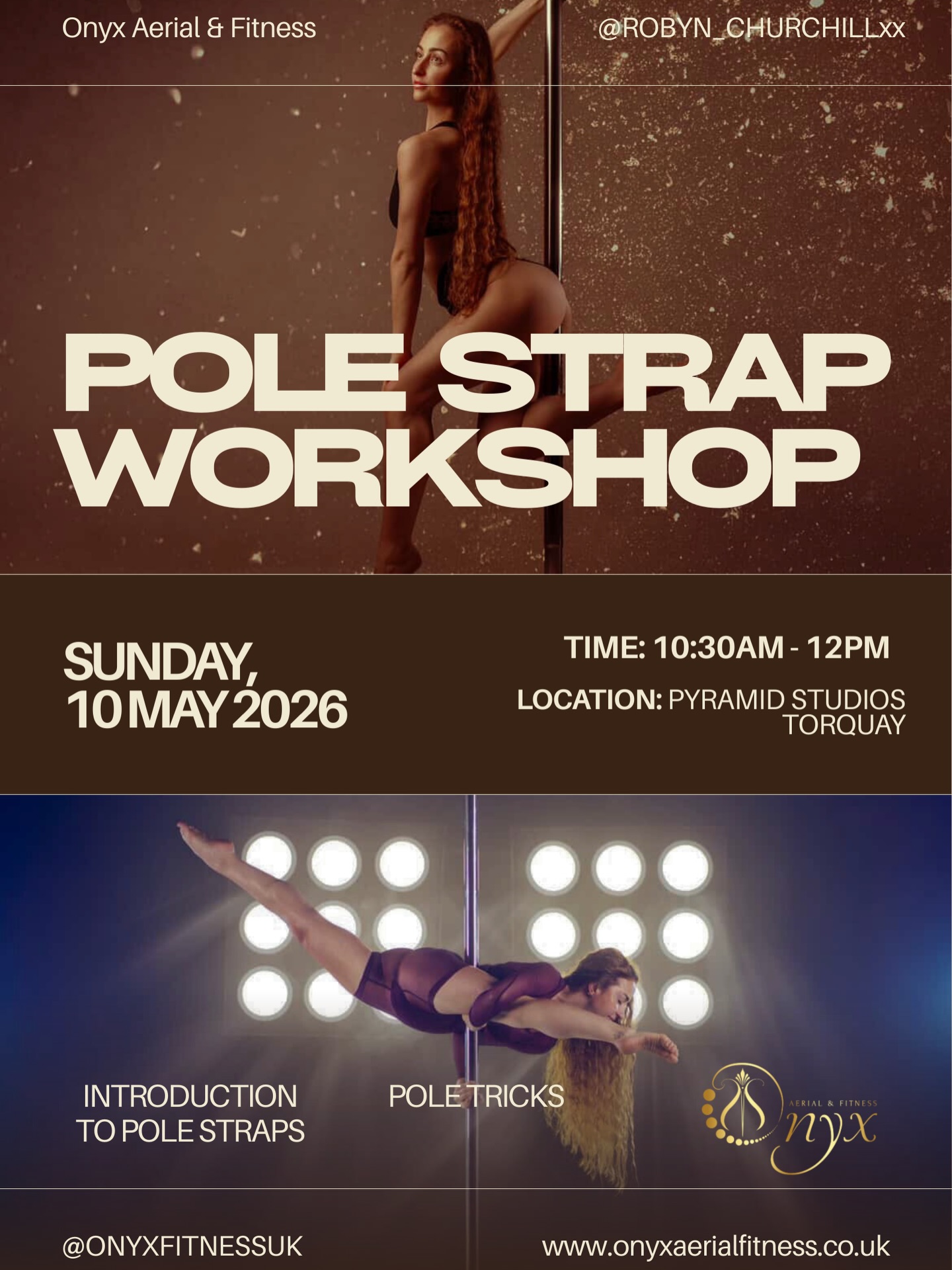 SAVE THE DATE!
🗓️Sunday 10th May @ 10:30am
#TORQUAY
POLE STRAPS WORKSHOP
With @robyn_churchillxx
We are beyond excited to welcome Robyn back to the studio again! 💖
Visiting us from @thejewelsacademy in Dudley, Robyn always brings the magic! She will guide the class through graceful transitions, spins and flexibility shapes on the pole straps.*
We love her professional and conscise teaching,
and we are sure you will too! 🫶
*some pole experience required*
✨Open now for booking via the Onyx website
Limited spaces
❤️