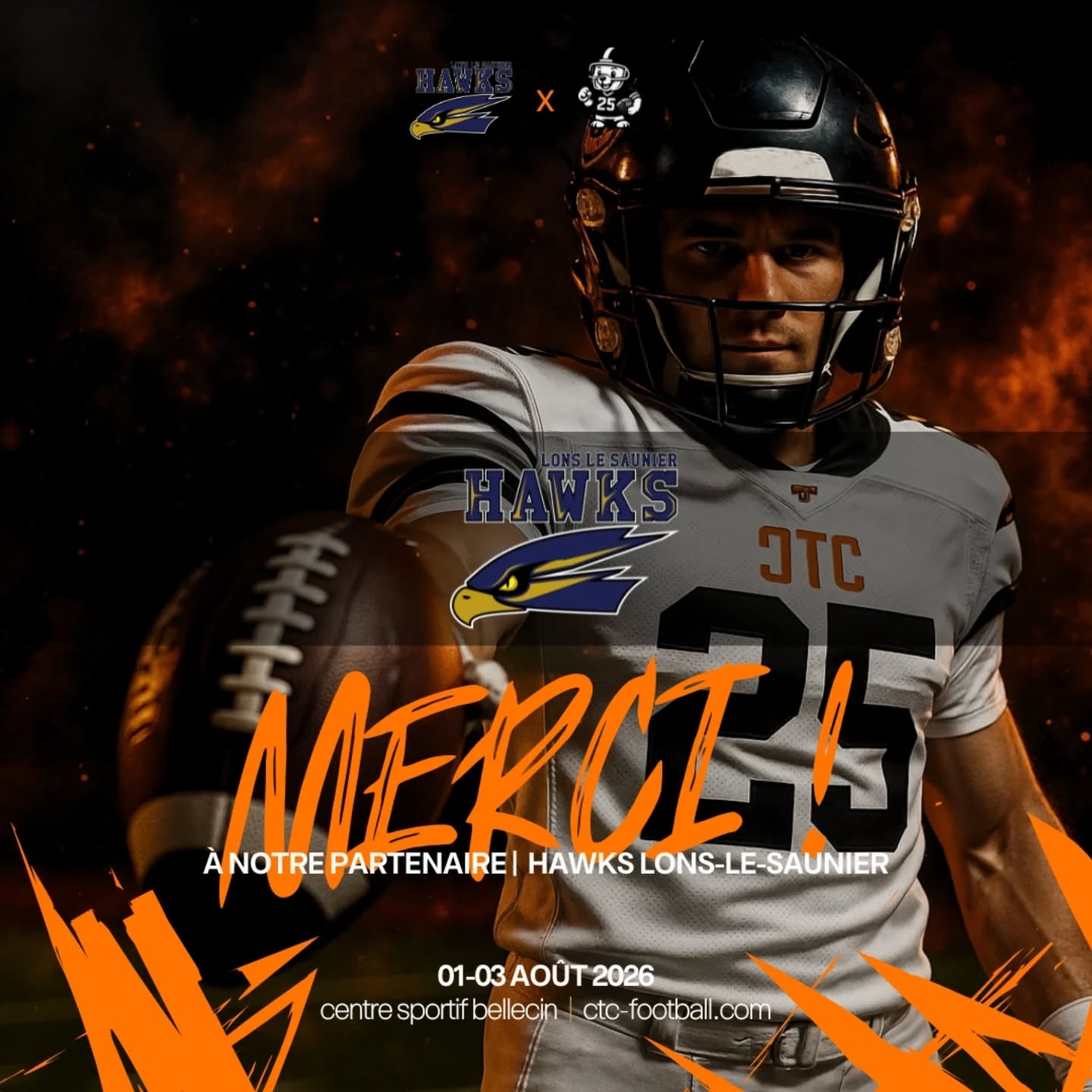 🏈 𝗨𝗡 𝗘𝗡𝗢𝗥𝗠𝗘 𝗠𝗘𝗥𝗖𝗜 aux @hawks.jura de Lons-le-Saunier pour leur soutien au CTC cet été !
Grâce à vous, le camp c'est :
• 60 joueurs motivés venant de plein de clubs différents
• une team de coachs incroyables
• une boutique de merch
• la passion du foot US 𝗘𝗡 𝗠𝗢𝗗𝗘 𝗙𝗥𝗘𝗡𝗖𝗛𝗜𝗘
• une semaine de progrès et de bons moments
Votre soutien, c’est ce qui fait grandir le foot US français et motive la prochaine génération à continuer.
💪 On est fiers de vous avoir dans l’aventure !
Et toi, prêt à mettre le casque et rejoindre le terrain ? 👀