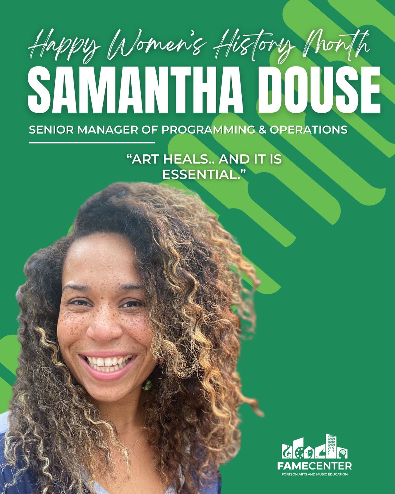For Women’s History Month, we are proud to highlight our Senior Manager of Programming & Operations, Samantha Douse, as part of FAME Center’s administrative team.
Sam currently manages programming and operations for FAME Center, helping us deepen our connection with families and our community.
Thank you, Sam, for your dedication and hard work in supporting FAME’s mission to provide equitable access to arts education.
#WomensHistoryMonth #ChicagoArts #ArtsEducation #SouthLoopChicago #FAMECenter