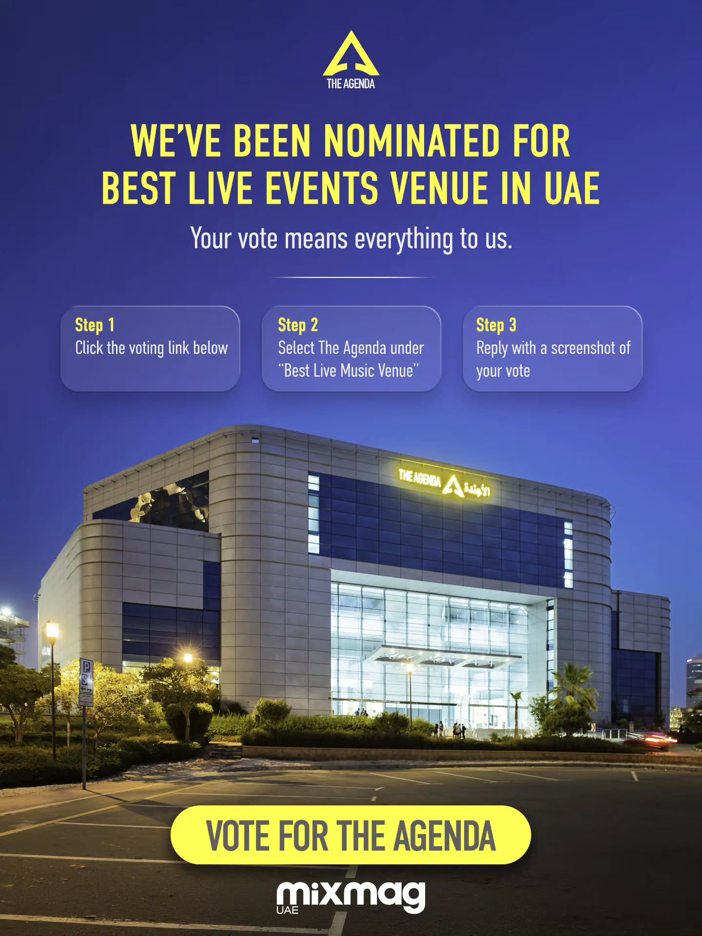 We’re proud to share that The Agenda has been nominated for Best Live Events Venue in the UAE! 🇦🇪✨
This nomination means a lot to us, and your vote can make the difference.
If you’ve ever attended an event, concert, fight night, or special moment with us, we’d truly appreciate your support.
How to vote:
1️⃣ Click the voting link in our bio
2️⃣ Select The Agenda under Best Live Music Venue
3️⃣ Send us a screenshot of your vote
🎟 Everyone who sends a screenshot will enter a draw to win FREE tickets to our upcoming events.
Thank you for being part of our journey and helping us continue creating unforgettable experiences in Dubai.
#TheAgendaDubai #VoteTheAgenda #DubaiEvents #LiveEvents #BestVenue