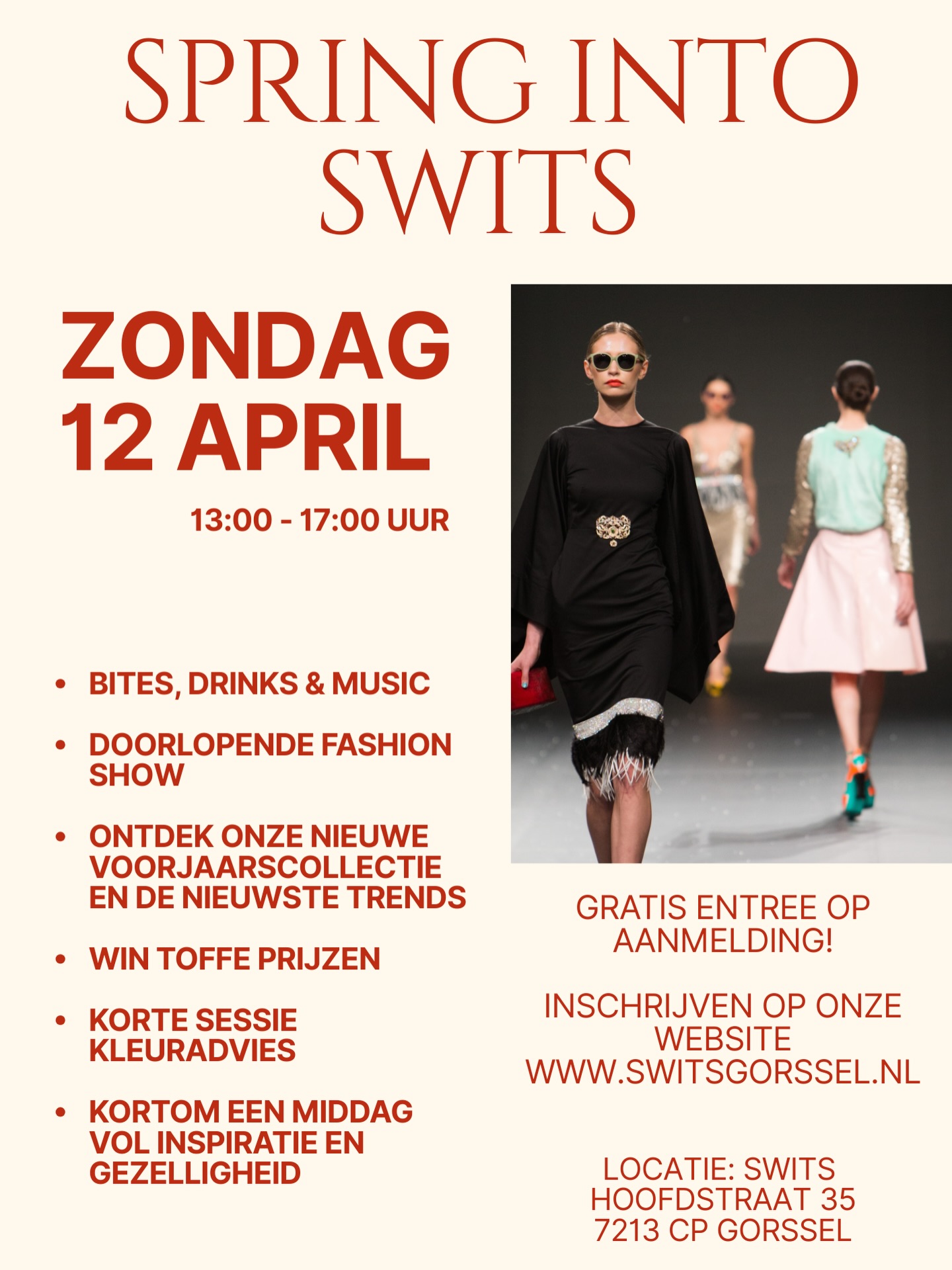 SPRING INTO SWITS 🌷
Het voorjaar komt eraan! Wij nodigen jullie van harte uit voor ons gezellige voorjaarsevent in onze winkel. Zondag 12 april, 13:00 - 17:00 uur
Een middag vol inspiratie mode en gezelligheid! Ontdek de nieuwste trends van het seizoen nieuw en secondhand. Laat je verrassen door een doorlopende modeshow. Krijg kleuradvies en stylingtips onder het genot van een hapje en drankje.
Kortom een middag vol gezelligheid
Zondag middag 12 april, 13:00 - 17:00 uur. Gratis entree! Meld je van te voren wel even aan via onze website www.switsgorssel.nl onder events. Let op we hebben beperkte aantal plekken, vol is vol.
We kijken uit naar jullie komst.
Liefs team Swits ❤️
