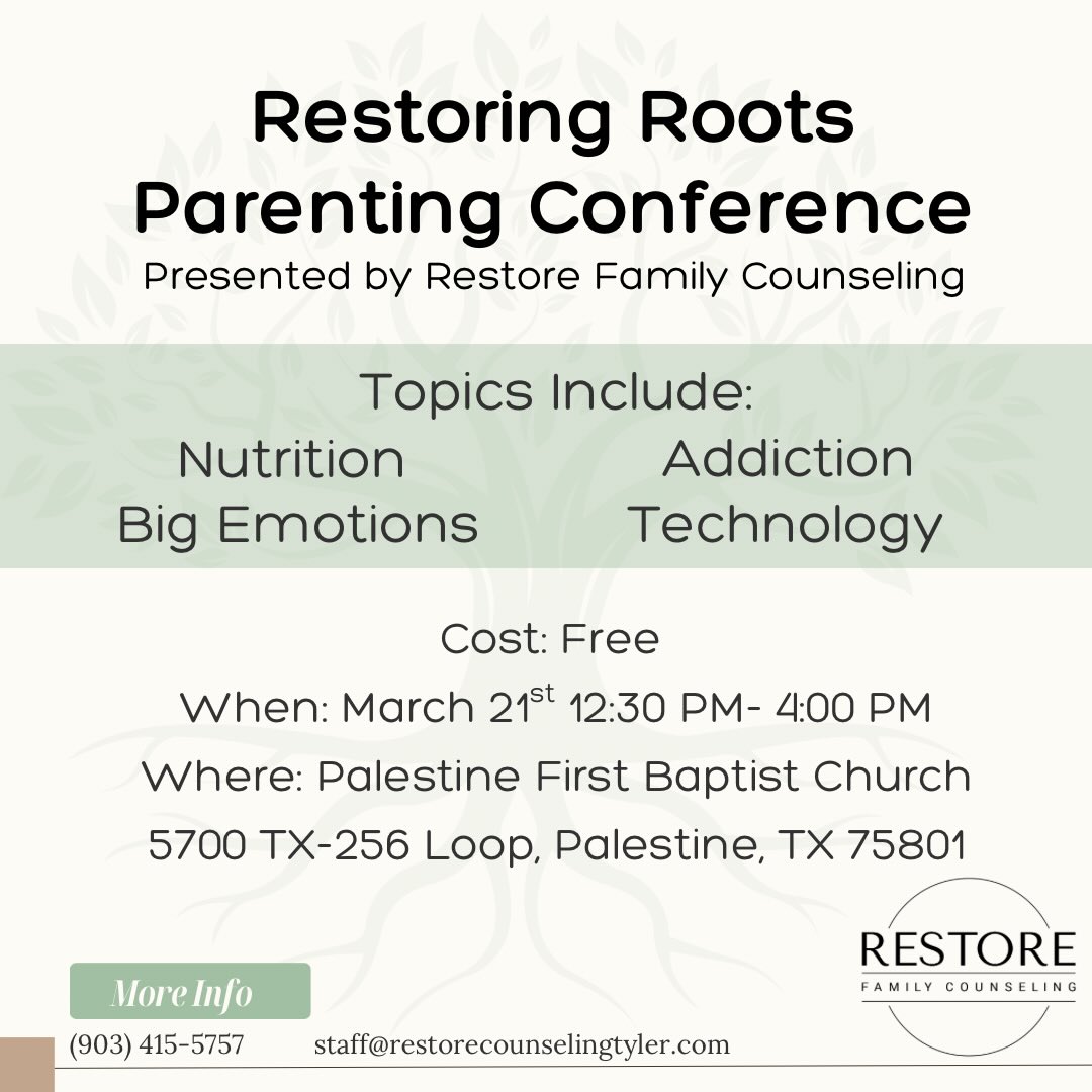 We’re just 9 days away from the Restoring Roots Parenting Conference!! Join us March 21st from 12:30 PM- 4:00 PM! The conference will equip and educate parents on topics such as nutrition, big emotions, addiction, and technology. Whether you have young children or teens this free conference is for you!