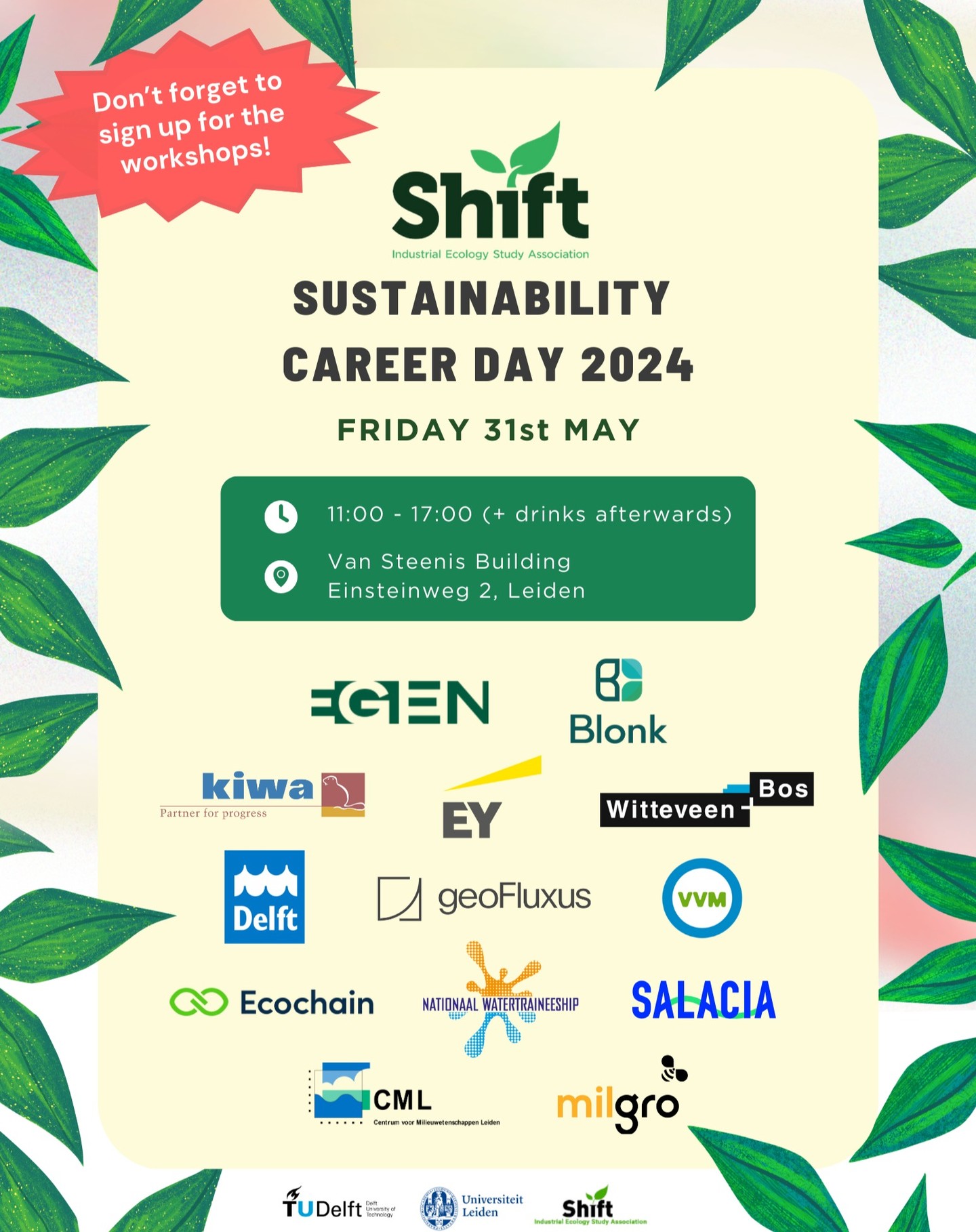 🌍 Shift Sustainability Career Event – This Friday! 🌱
The wait is finally over! You can sign up for the Shift Sustainability Career Day + the workshop sessions on the 31st of May (this Friday)!
Meet companies eager to collaborate with you on creating a greener, better future. This is your chance to stand out and be remembered as more than just an application.
Use the link in our linktree to secure your spot!
https://forms.gle/sfQaeTP6AAp5ywxD7
Save the Date: 📆 Friday, 31st of May
📍 Van Steenis, Leiden
⏰ 11:00 - 17:00 (+ free networking drinks)
Why attend?
• Exclusive Workshops: Gain insights and take a peek behind the scenes.
• Networking Opportunities: Connect with future colleagues in a relaxed setting.
• Delicious Food: Stay for the legendary sandwiches and free drinks.
This is a fantastic opportunity to ask all those questions you’ve been curious about and to make lasting connections in a casual atmosphere.
We can't wait to see you there!
Best regards, IESA Shift Career Committee🎊🤝
