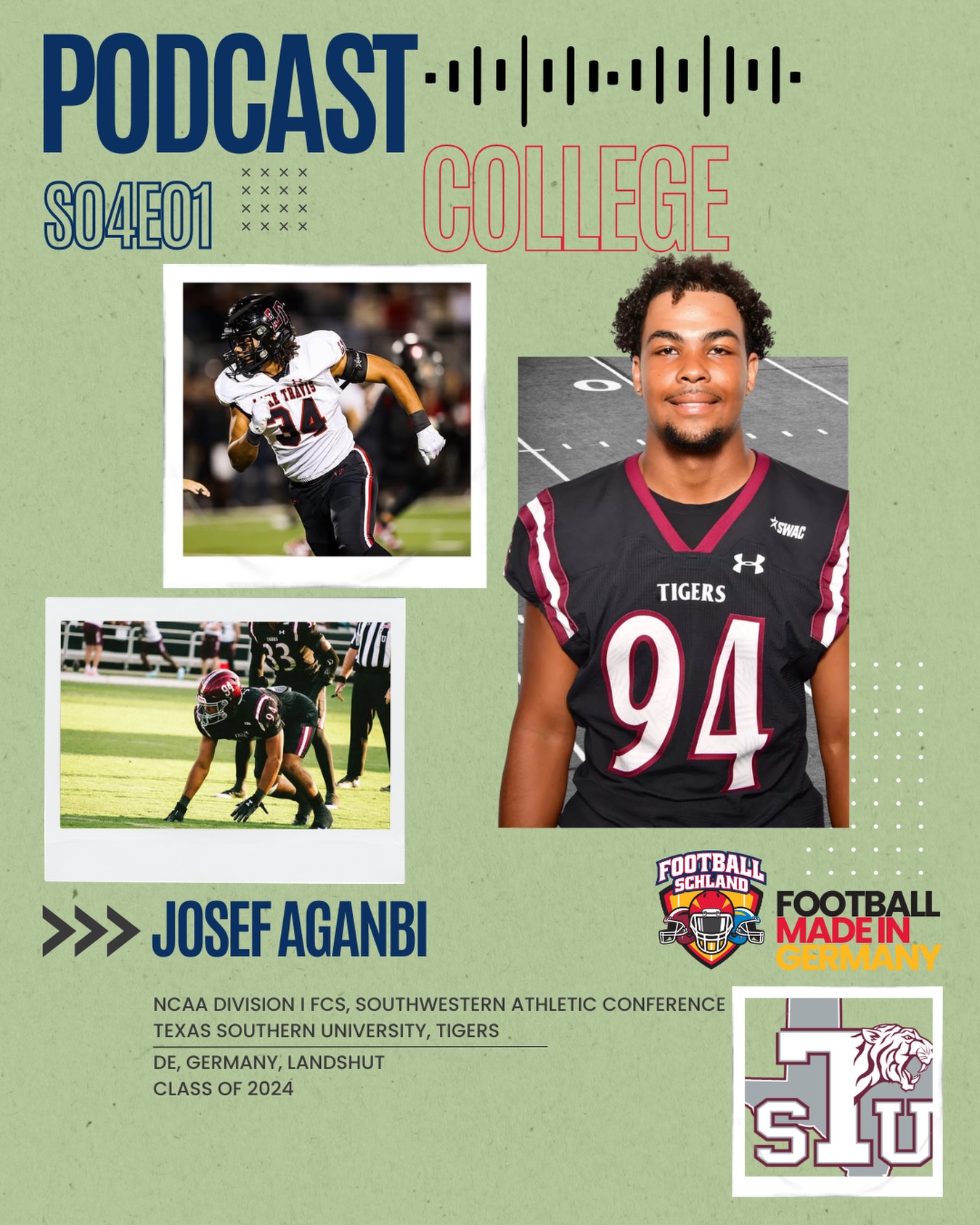 Manchmal finden wir die Geschichten. Und manchmal schreibt uns eine Mama eine Mail. ✉️
Josef Aganbi @atxjosef spielt Defensive End bei den Texas Southern Tigers – Division 1 College Football. Und wir hatten ihn nicht auf dem Schirm. Bis jetzt.
Geboren in Connecticut, aufgewachsen zwischen drei Kontinenten, über Landshut nach Texas – und drei Wochen vor Signing Day zum D1-Offer. 🏈
Was Döner mit Heimat zu tun hat, warum er lieber im Schnee spielt und wieso Running Back für ihn niemals in Frage kommt – jetzt in der neuen Folge.
🎧 Link in Bio