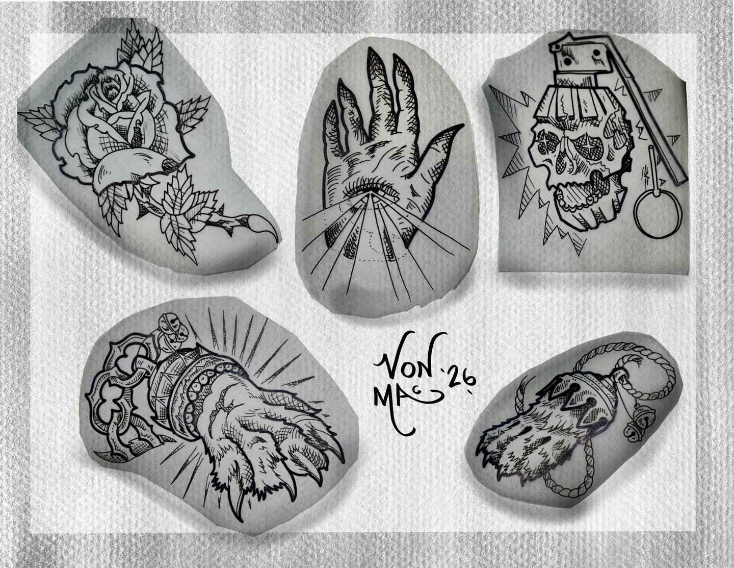 Tomorrow is our Friday the 13th event! Check out these flash sheets from @vonmactattoos and @threeofdaggers designs will range from $150-200 plus get an extra $50 off the price if you book another tattoo appointment while you are here! We will be running a piercing special as well, $60 for navel piercing with a free upgrade to titanium jewelry and aftercare kit! Also first 5 people will receive a free custom t-shirt and tattoo aftercare kit 🍀 see ya’ll there!