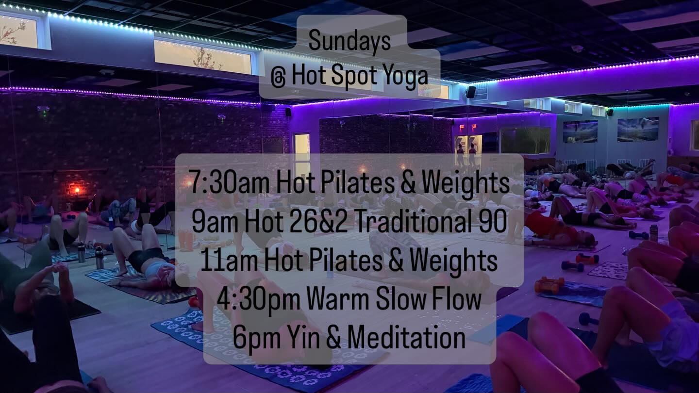 Sundays @hotspotyogasta ๐ฅ
7:30am Hot Pilates & Weights
9am Hot 26&2 Traditional 90
11am Hot Pilates & Weights
4:30pm Warm Slow Flow
6pm Yin & Meditation
#yoga #pilates #staugustinebeach