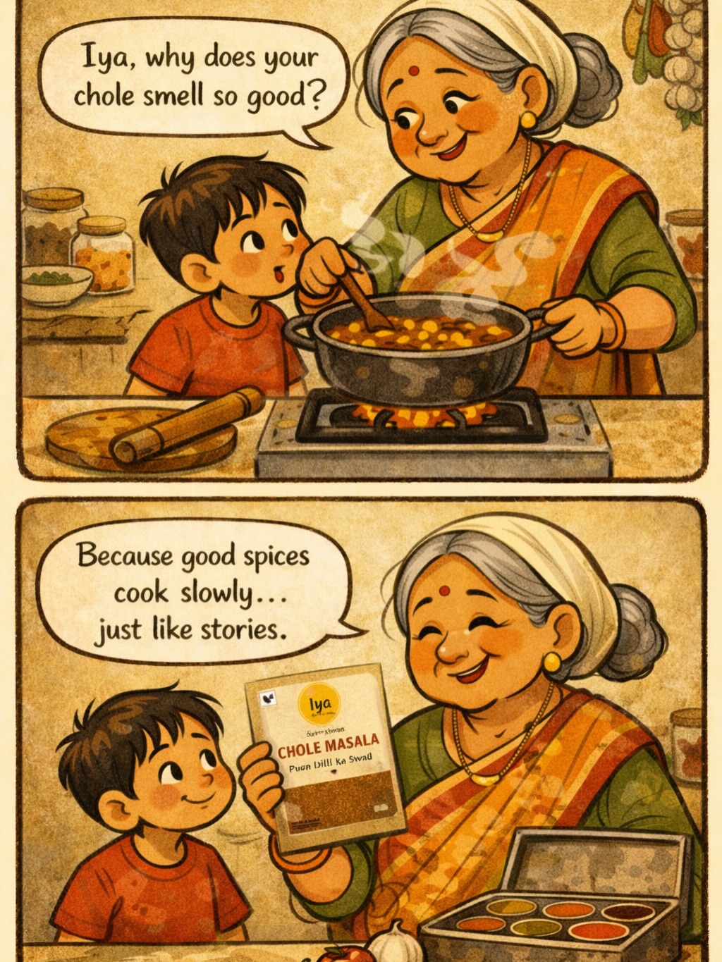 In Iya’s kitchen, recipes are never rushed.
They simmer slowly… just like the stories we grew up with.
Our Chole Masala is inspired by the flavours of Purani Dilli - rich, warm and full of memories.
Tell us… chole with bhature or rice?
#cholemasala #iyaspices #iyaskitchenstories #cholebhature #indianspices