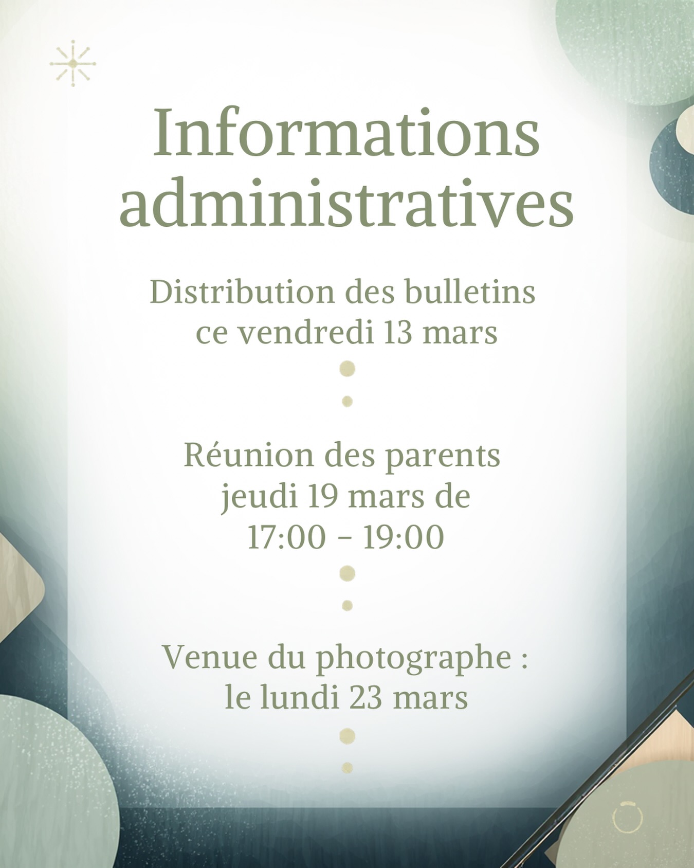 📣 Parents, petit rappel du jour !
Aujourd’hui, vendredi 13 mars, votre enfant repart à la maison avec son bulletin 🗒️ C’est le bon moment pour s’asseoir ensemble et faire le point sur ce trimestre 😊
Notez aussi ces deux prochaines dates dans vos agendas 🗓️
La réunion des parents se tiendra le jeudi 19 mars de 17h à 19h — l’équipe sera ravie de vous retrouver 🤝
Et le lundi 23 mars, le photographe sera à l’école 📸 Prévenez vos enfants, c’est le moment de sortir son pull préféré et le grand sourire ! 😄✨
L’équipe de l’ARCRO 💚
#ARCRO #Bulletin #VieDeLÉcole #ParentsÉlèves