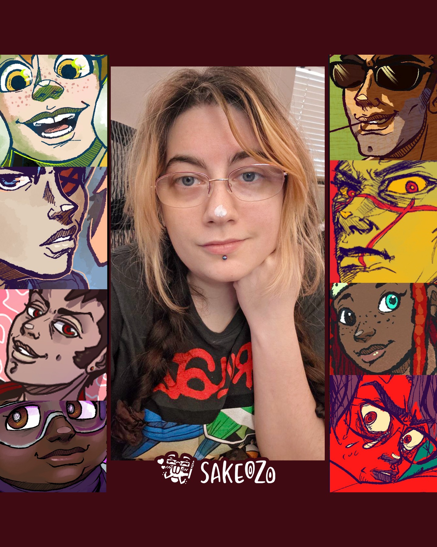 ᐛ👉👉 heheh look at me now I'm my own art style!! The nose!
--
ID: A collage featuring artist Destiny Slater (Sakeozo) centered between two columns of her artwork. Destiny is a pale-skinned white woman with glasses, blonde bangs, and long dark brown hair in braided pigtails, she has an intentional dab of white cream on her nose, smiling. Both left and right columns contain four super close-up character face illustrations each. Every character features a distinct, shaped highlight on the tip of their nose, just mirroring like the artist's. At the bottom, a watermark reads "SAKEOZO" next to an "ILY pet" icon.