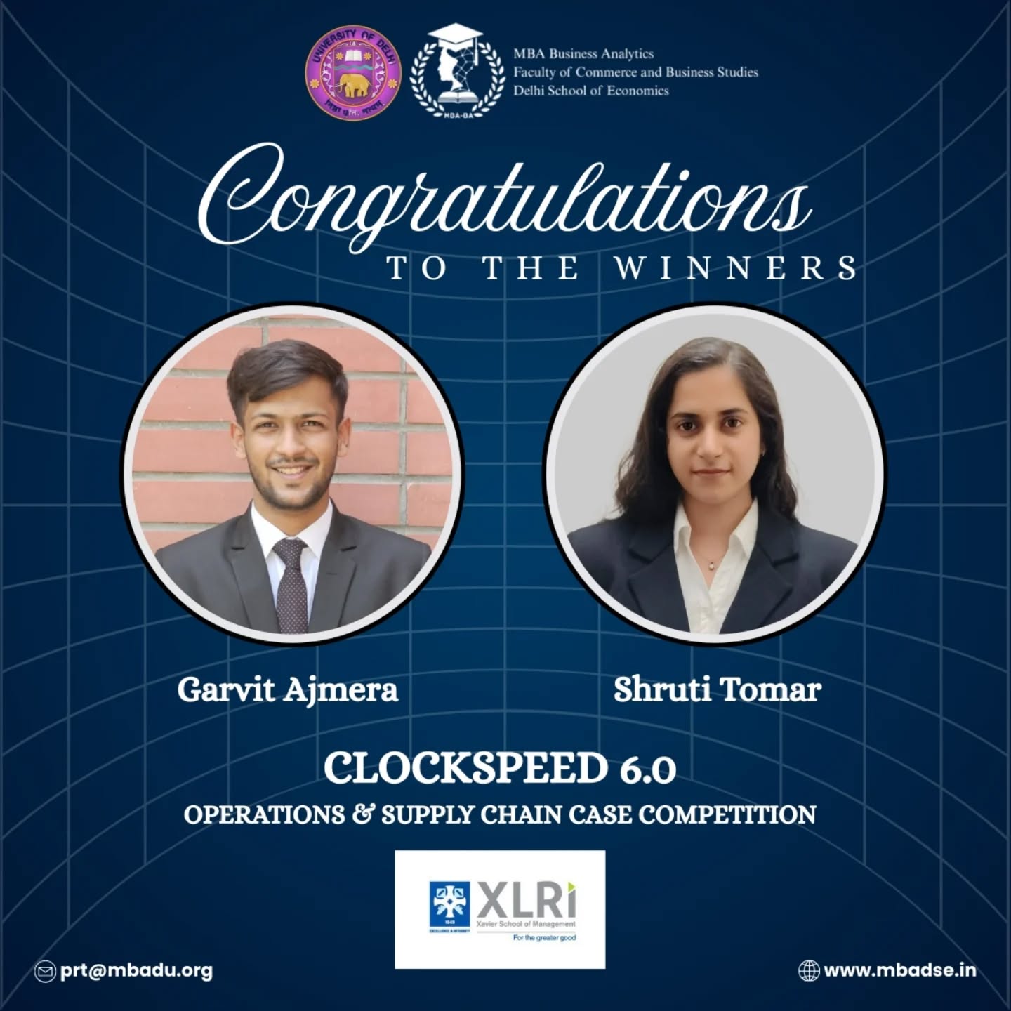 Heartiest Congratulations!
We are thrilled to celebrate the success of Garvit Ajmera & Kumari Shruti Tomar. A heartiest congratulations to both of you for clinching the first Position at Clockspeed 6.0 - the premier Operations & Supply Chain Case Competition hosted by XLRI Jamshedpur!
Their strategic thinking, analytical rigor, and innovative solutions set them apart among the top teams from prestigious B-schools across India. This victory is a testament to their dedication, teamwork, and commitment to excellence.
Wishing them continued success in all their future endeavors!
#DSE #BusinessAnalytics #XLRI #FutureLeaders