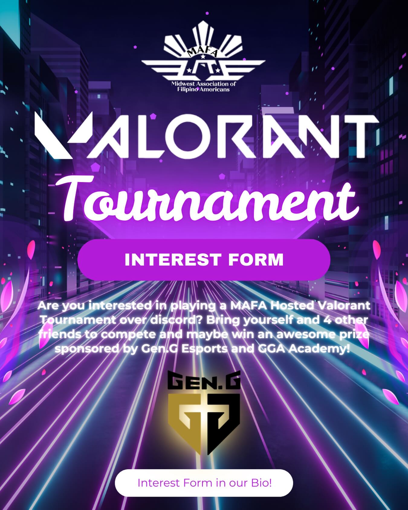 Are you interested in playing a MAFA Hosted Valorant Tournament over discord? Bring yourself and 4 other friends to compete and maybe win an awesome prize sponsored by Gen.G Esports and GGA Academy!
Interest form is located on our LinkTree! 👾
#Gaming #Filipinos #Valorant #Tournament