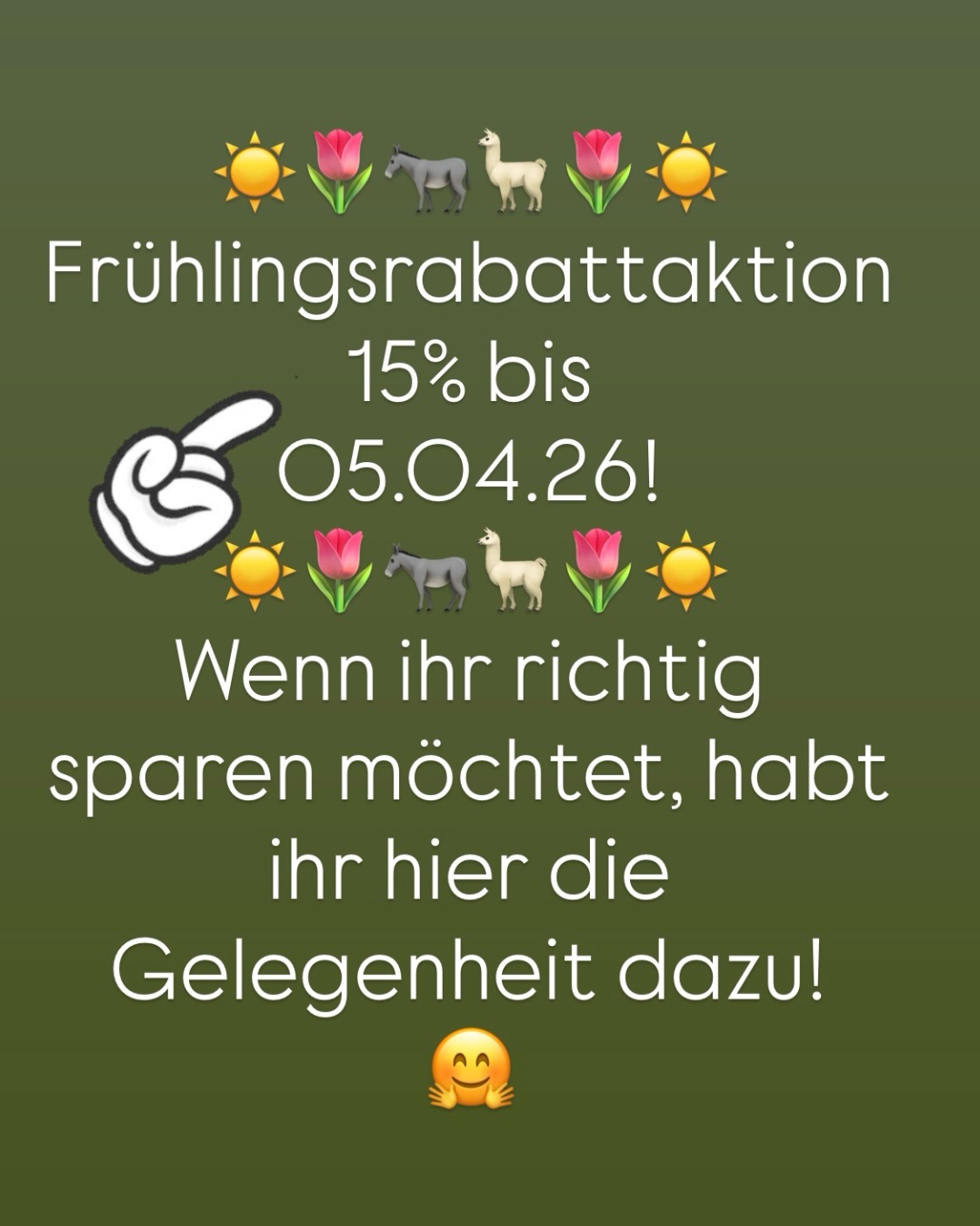 ☀️🌷🫏🦙🌷☀️
Der Frühling ist da!
Nutze unsere Rabattaktion und spare 15% 🤗
#frühling #wandernmachtglücklich #sale #lamas #esel
