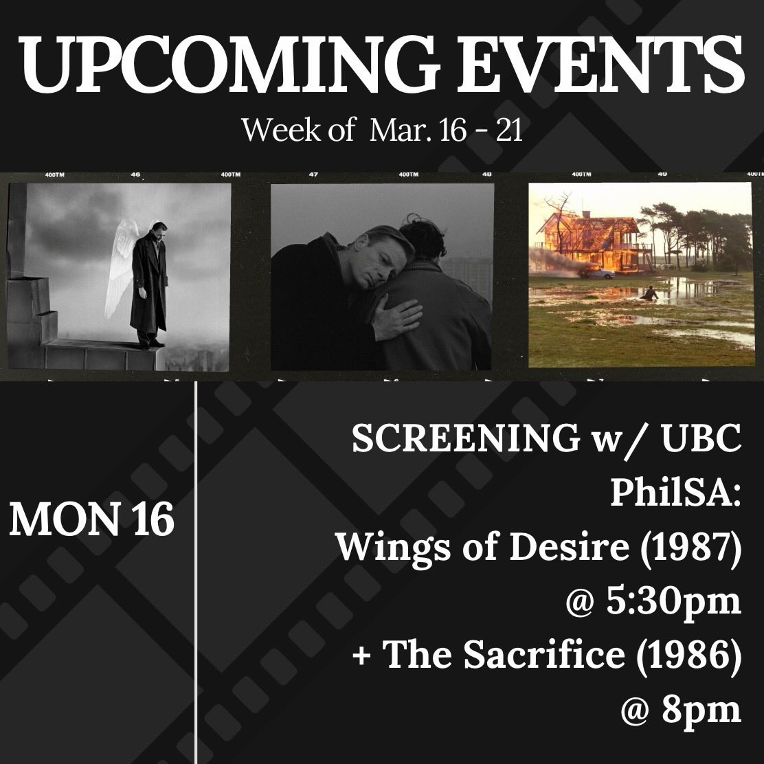 Home stretch until the end of the semester!
Join us for this week’s events!
More info on each to come.