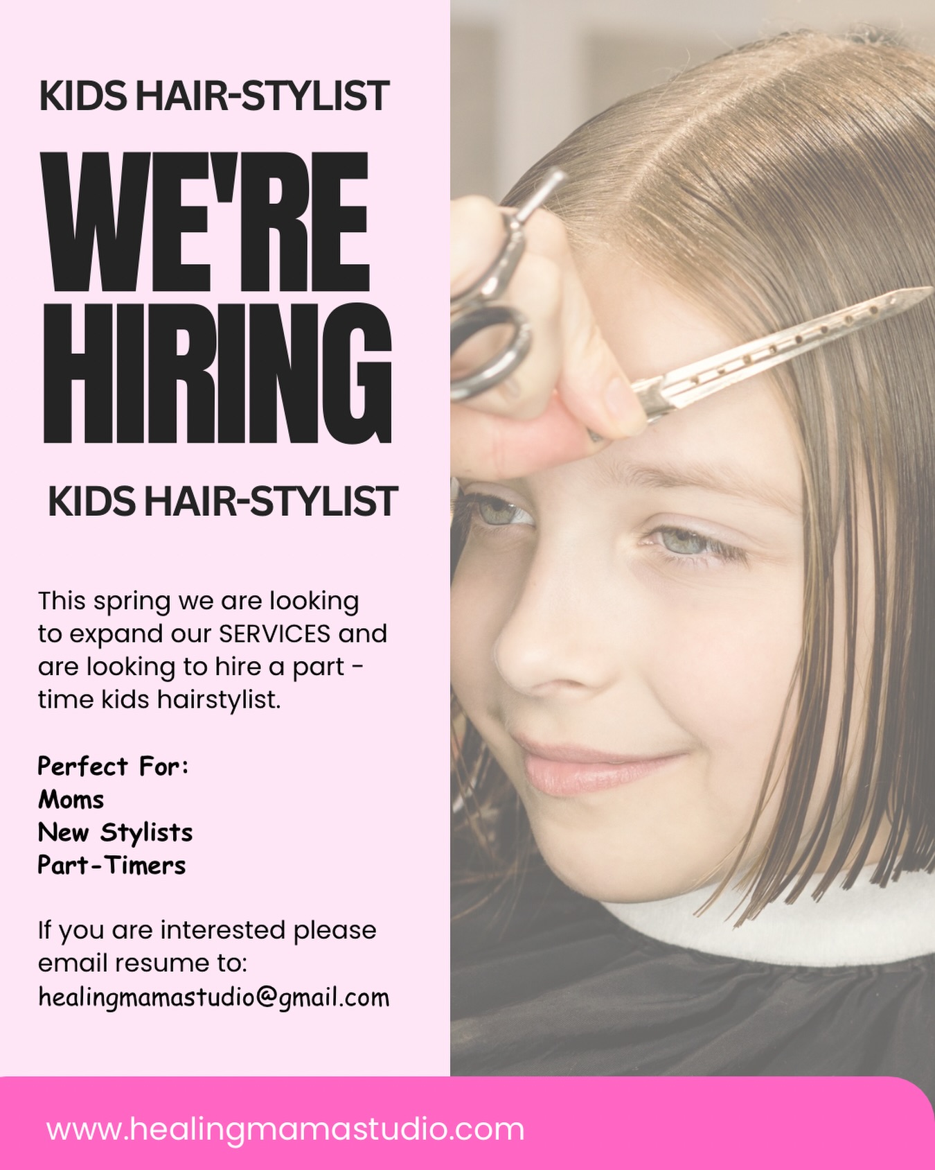 ✨ We’re Hiring This Spring! ✂️💖
Exciting news at Healing Mama Studio! As our Mommy & Me experiences continue to grow, we are preparing to add a talented part-time kids hairstylist to our team this spring.
We are looking for someone who loves working with children and enjoys creating a fun, calm, and positive salon experience for little ones and families. 🌸
This role is perfect for a stylist who:
✨ Loves kids and has a patient, friendly personality
✨ Enjoys creative styles like braids, glitter hair, and special occasion looks
✨ Wants a flexible part-time schedule
✨ Loves working in a wellness-focused, spa-style environment for moms and kids
At Healing Mama Studio, we focus on confidence, bonding, and self-care for families, offering unique Mommy & Me experiences including spa services, crafting, tea parties, and more.
💌 Interested or know someone who would be a great fit?
Send us a message or email to learn more about upcoming opportunities.
Stay tuned for the official application announcement coming soon!
#OrlandoJobs #KidsHairStylist #OrlandoHairstylist #HiringOrlando #KidsSalonJobs ✂️💖