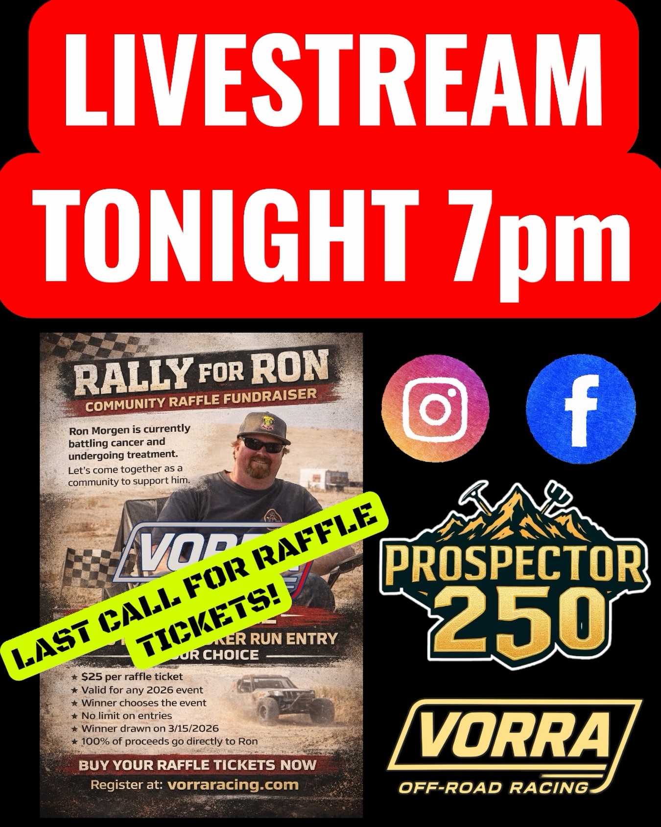 🚨 LIVE TONIGHT – 7PM 🚨
Join us for the Rally for Ron raffle drawing and help support one of our own.
If you haven’t grabbed a ticket yet, this is your last chance before the drawing.
We’ll also be covering Prospector 250 race updates, what drivers need to know, and what’s coming up for race weekend in Yerington.
🎟 Tickets: vorraracing.com
The off-road community always shows up. Let’s do it again.
#VORRA #Prospector250 #raffle #DesertRacing #YeringtonNevada