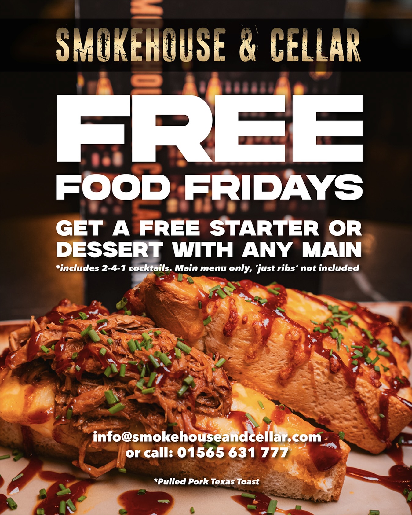 Free Food Fridays are BACK at Smokehouse & Cellar 🔥
Join us this Friday at Smokehouse & Cellar and enjoy a FREE starter or dessert with any main meal.
Great food, great atmosphere… and a little extra on us.
Excludes ribs.
Book your table and kick the weekend off the right way 🍔🥩🍰
-
#smokehouse #bbq #cheshire #freefood #deal
