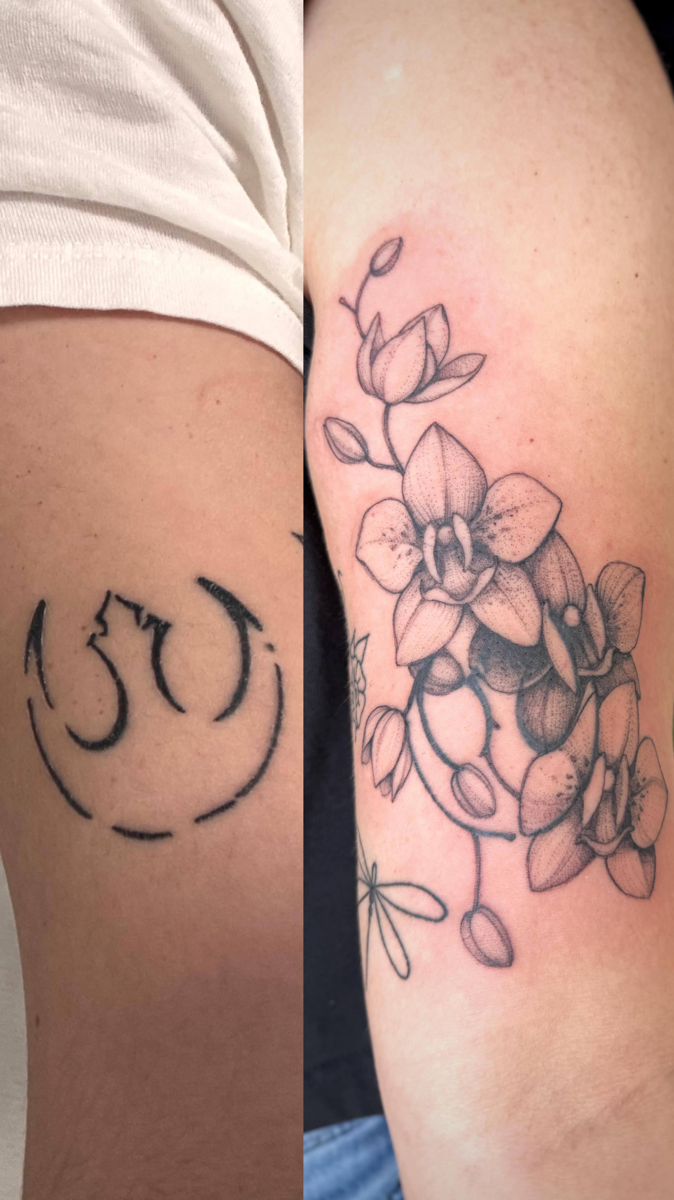 Tattoos turned out great, with my clients’ trust in me and the process! Most of the time, the design I showed may look rough. Because they’re meant only as the foundation of the tattoo, and I don’t need all the details on the stencils. Especially for cover-ups, there is always going to be some part of the design to be freehand. Thank you all for trusting me with this permanent art on your bodies!
#coveruptattooartist #tattoocoverup #freehandtattoo #orchidtattoo #botanicaltattoo