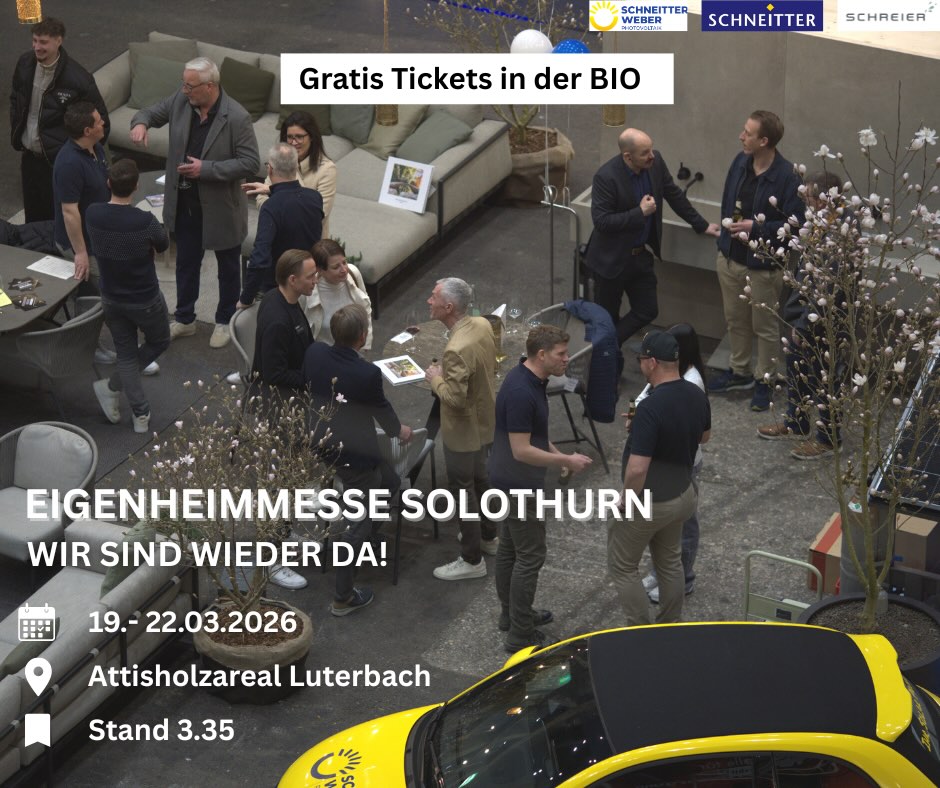 Wir sind wieder da! 🎉
Besucht uns an der Eigenheimmesse im Attisholz in Luterbach am Stand 3.35.
🎟 Gratis-Tickets! Link in der Bio klicken und auf der Webseite den Promo-Code „Schneitter26“ eingeben.
🕒 Öffnungszeiten:
DO: 15.00-20.00 Uhr
FR: 15.00-20.00 Uhr
SA: 10.00-18.00 Uhr
SO: 10.00-17.00 Uhr
Wir freuen uns auf euren Besuch! 😊
#eigenheimmessesolothurn #heizung #sanitär #photovoltaik #schneitter