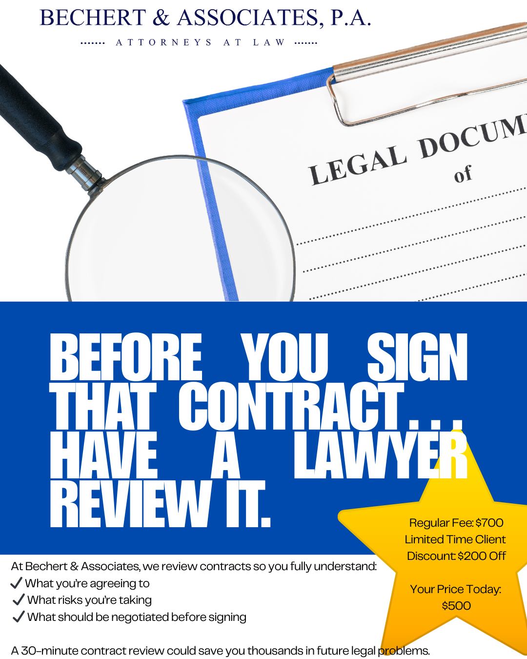 Contracts are written to protect someone — make sure it protects you too.
Many agreements contain hidden clauses like:
• Personal liability
• Automatic renewals
• Non-compete restrictions
• Penalty fees
At Bechert & Associates, we review contracts so you fully understand:
✔ What you’re agreeing to
✔ What risks you’re taking
✔ What should be negotiated before signing
A 30-minute contract review could save you thousands in future legal problems.
📞 Call 954-941-8363
🌐 www.southfloridaattorney.com
Know what you’re signing before it’s too late.
#floridalawyer
#southfloridalawyer
#pompanobeachlawyer
#bocaratonlawyer
#fortlauderdalelawyer
#miamilawyer
#browardcountylawyer
#floridaattorney
#browardlawyer
#businesslawyer
#smallbusinesslawyer
#businesscontracts
#entrepreneurlawyer
#businesslegal
#startupattorney
#businesslegalhelp
#contractreview
#contractlawyer
#contractattorney
#legalcontractreview
#businesscontractlawyer
#legalcontracthelp
#reviewmycontract
#beforeyousign
#knowbeforeyousign
#contracthelp