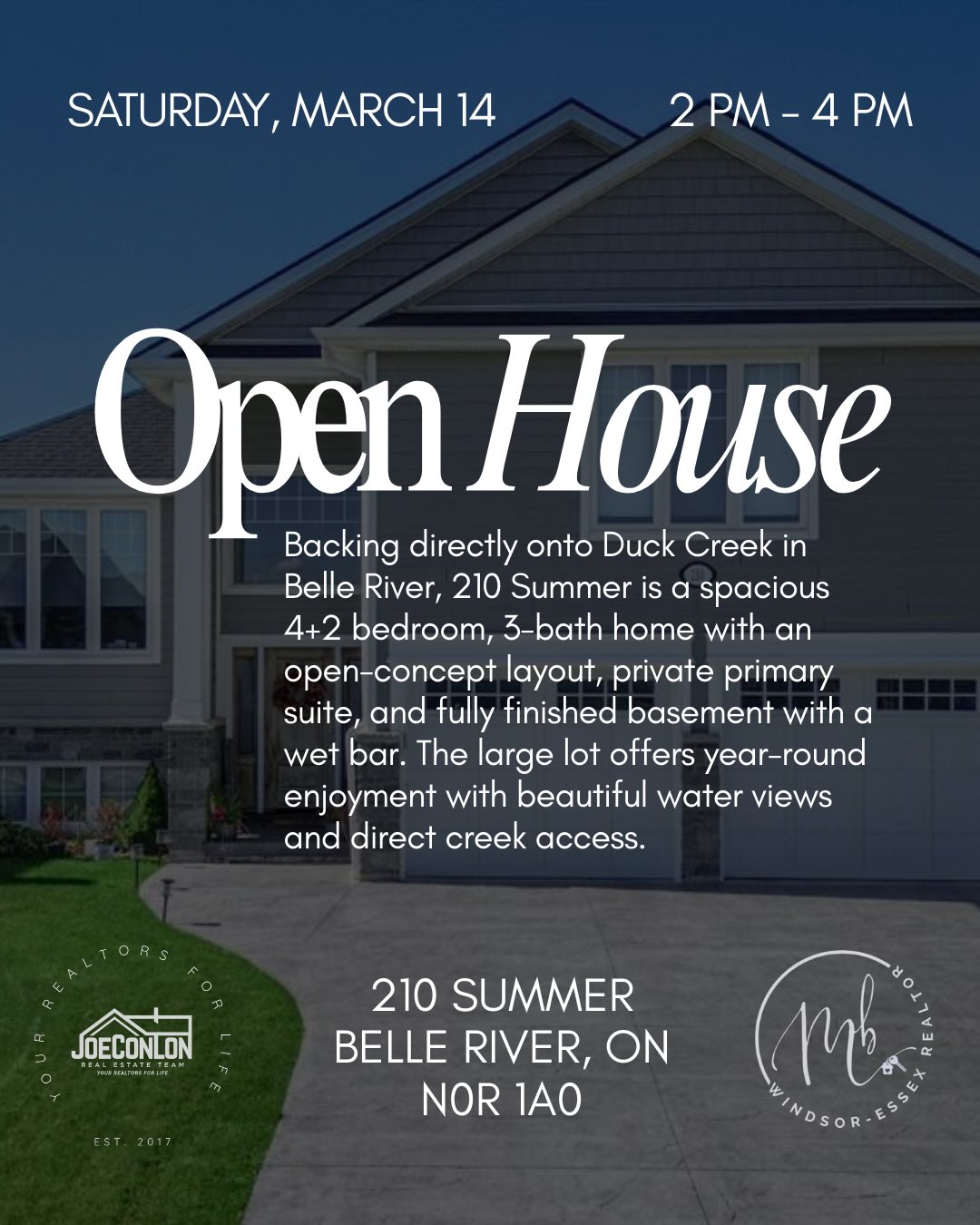 🏡 Open House – Saturday 2–4 PM!
Join us this Saturday from 2–4 PM to tour this beautiful home at 210 Summer in Belle River, backing directly onto Duck Creek. Featuring 4+2 bedrooms, 3 full bathrooms, an open-concept layout, and a fully finished basement with a wet bar, this home offers plenty of space inside and out. Come see the views and everything this property has to offer! ✨