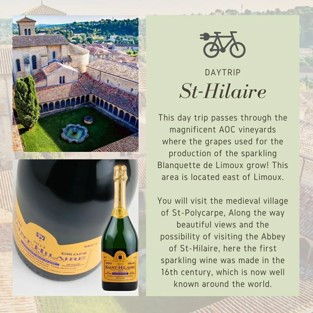 🇬🇧 🇫🇷 🇳🇱 TOUR ST-HILAIRE
🇬🇧 32km Every Wednesday - 10:00 - Starting point: Limoux
Cycle through the beautiful AOC #vineyards where the grapes used for the production of the sparkling Blanquette de Limoux grow! Visit the Abbey of #StHilaire: here, in the 16th century, the first sparkling #wine was made, which is now known worldwide.
🇫🇷 32km Tous les mercredis - 10h00 - Point de départ : Limoux
Parcourez à vélo les magnifiques #vignobles AOC où poussent les raisins utilisés pour la production de la pétillante #Blanquette de #Limoux ! Visite de l'abbaye de #StHilaire : c'est ici, au 16e siècle, qu'a été élaboré le premier #vin mousseux, aujourd'hui mondialement connu.
🇳🇱 32 km Iedere woensdag - 10:00 - Startpunt: Limoux
Fiets door de prachtige AOC #wijngaarden waar de druiven groeien die gebruikt worden voor de productie van de sprankelende #Blanquette de #Limoux! Bezoek de Abdij van #StHilaire: hier werd in de 16e eeuw de eerste mousserende #wijn gemaakt, die nu wereldwijd bekend is.
#linkinbio
#aude #limoux #malras #audetourisme #ebike #VAE #ebikeadventures #velaude #locationdevelo #cyclingfrance #pyreneescycling