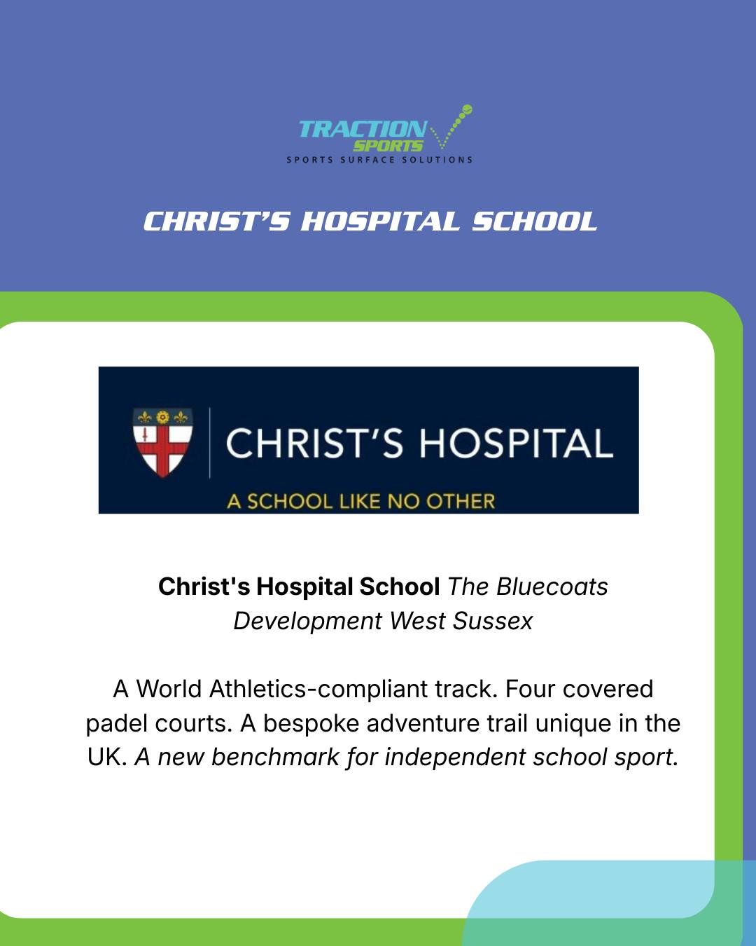 Traction Sports are proud to have played a part in one of the most ambitious independent school sports developments we've seen. 🏟️
The Bluecoats Development at Christ's Hospital School, West Sussex. A World Athletics-compliant track and field facility. Four covered padel courts. A bespoke adventure trail, the first of its kind in the UK. All delivered alongside new access infrastructure, lighting, and car parking designed to serve the school and its community for decades to come.
Our involvement spanned the entire journey, from feasibility through to handover. One team, one point of accountability, from first brief to final delivery. ✅
Christ's Hospital is a school with an extraordinary heritage. It deserved facilities to match.
A project we're genuinely delighted to have delivered.
📩 office@tractionsports.co.uk
#christshospital #independentschools #sportsfacilities #worldathletics #athleticstrack #padelcourts #schoolsport #sportsconsultancy #tractionsports #westsussex #facilitydesign #projectmanagement #southengland #independentschoolsport #sportsinfrastructure