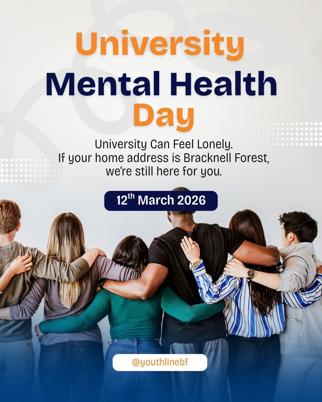 🎓💚 University Mental Health Day – 12th March
This year’s theme is Human Connection — because feeling seen, heard and understood makes a difference.
Join the conversation on 12th March using #UniMentalHealthDay and help make student wellbeing a priority.
If you’re at university but your home address is Bracknell Forest, don’t forget — Youthline is still here for you
www.youthlineuk.com
#UniMentalHealthDay