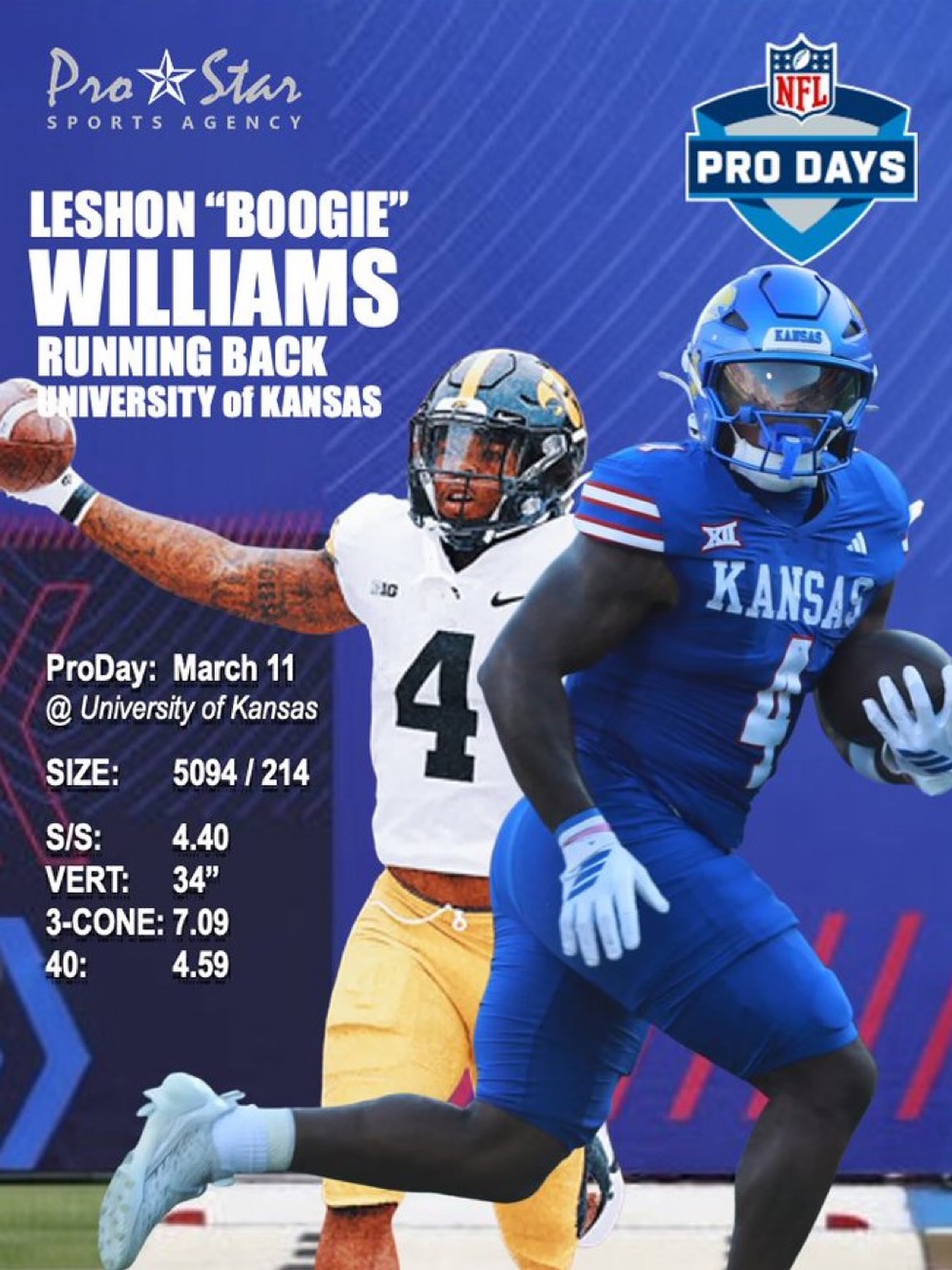 After a strong @hulabowl_orlando in January, RB @1boogie4 had another great showing for scouts at his ProDay, checking in at 214 and running a 4.59 Forty. He averaged 5.8 YPC with 7 TD at @kufootball in 2025 after racking up 1,323 yards at @hawkeyefootball #prostarfamily