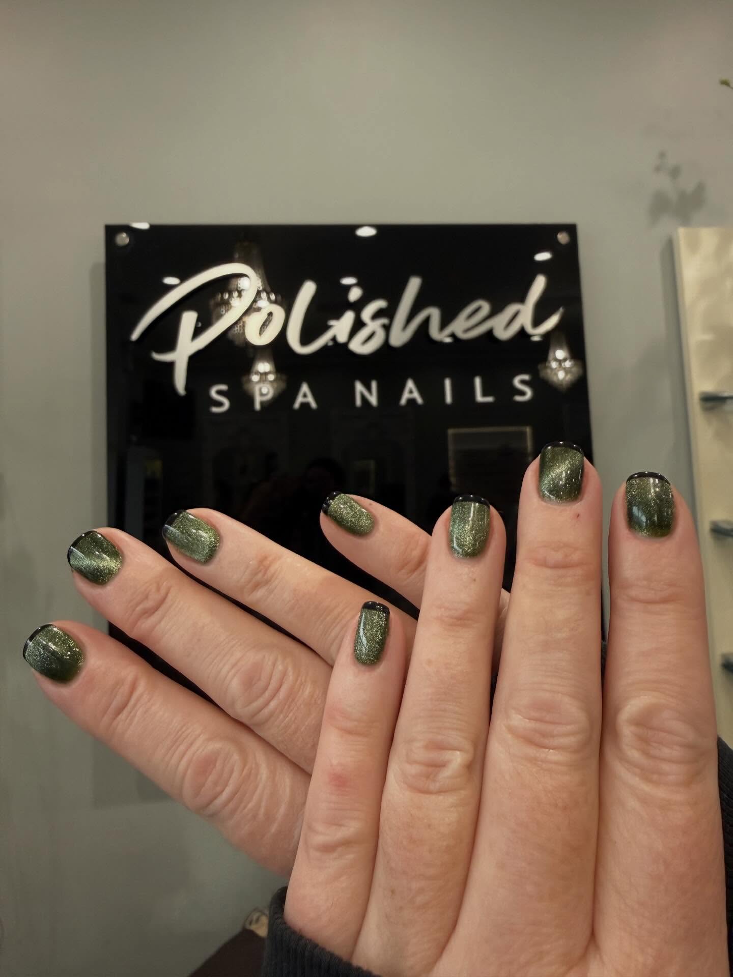Black French Tip with Green base Cat Eye #polishedspanails #cateyenails๐
#nailsnailsnails #frenchtipnails