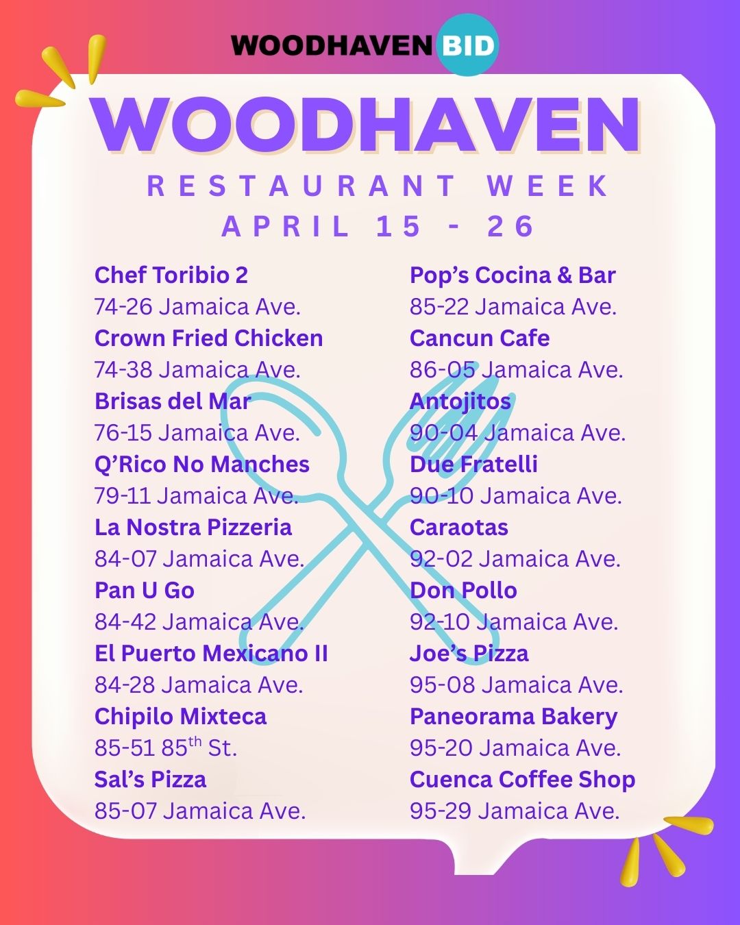 Get ready for Woodhaven Restaurant Week, 4/15-4/26! Here is a list of the participating restaurants/bakeries. We are still working with the restaurants and expect to add more to the list. Encourage your favorite ones to participate. Contact the Woodhaven BID at 929-460-5808 or woodhavenbid@gmail.com
Ā”PrepĆ”rese para La Semana de Restaurantes de Woodhaven desde el 15 al 26 de abril! AquĆ estĆ” la lista de los restaurantes/panaderĆas participantes. TodavĆa estamos trabajando con los restaurantes y esperamos aƱadir mĆ”s. Motive a sus restaurantes favoritos a participar. ComunĆquese con Woodhaven BID al 929-460-5808 o woodhavenbid@gmail.com
#woodhavenrestaurantweek2026
#woodhavenbid
#woodhaven
#shopjamaicaave