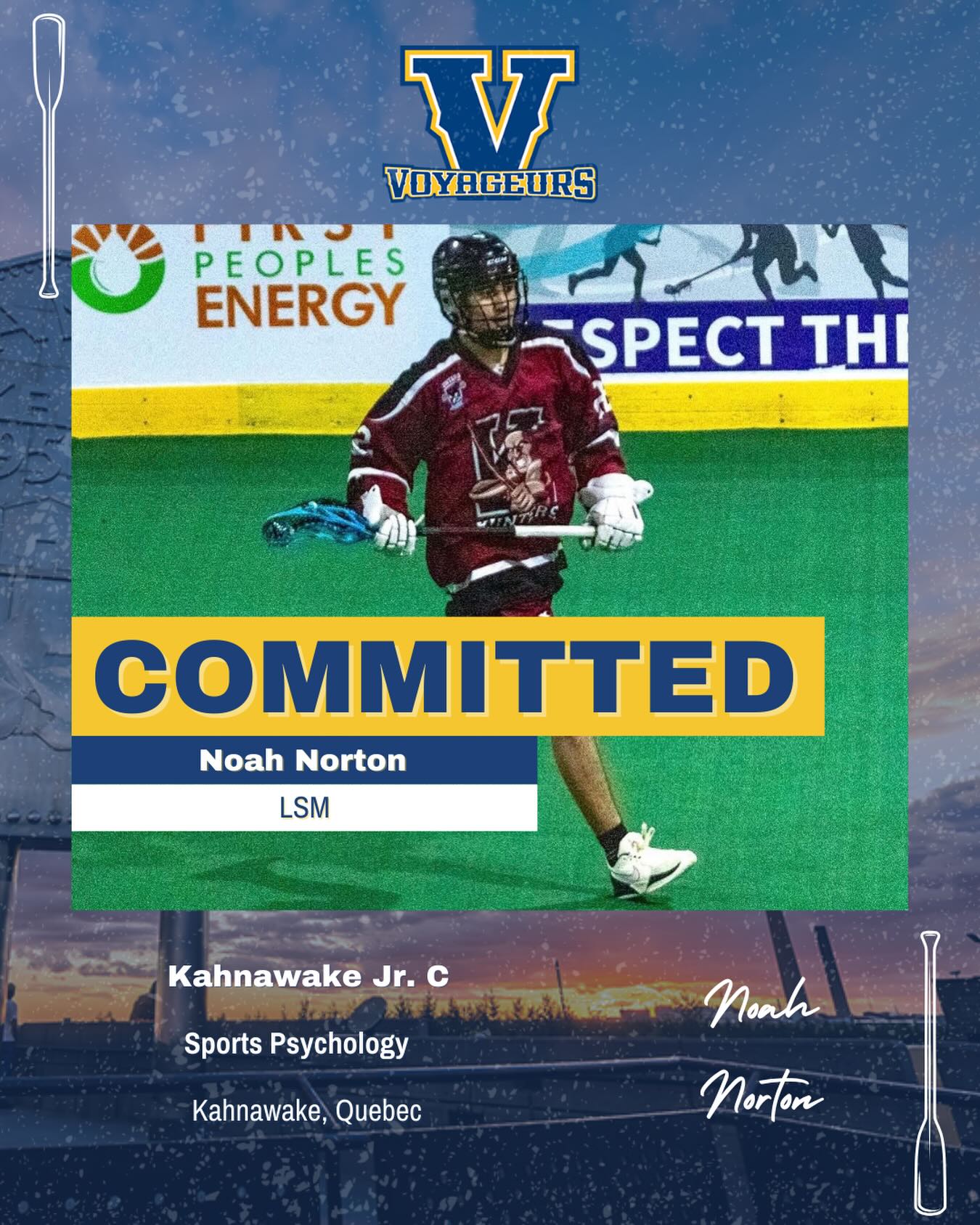 We are thrilled to announce the commitment of Noah Norton for 2026!
The Kahnawake, Quebec native played Jr. C this past summer for the Kahnawake Hunters in the OJCLL!
Noah brings a high level of tenacity and grit to our backend!
💙 Welcome to the Voyageurs family! 💛
#VoyageursLacrosse #CUFLA #PaddlesUp #RowTheBoat #PrideAndTradition