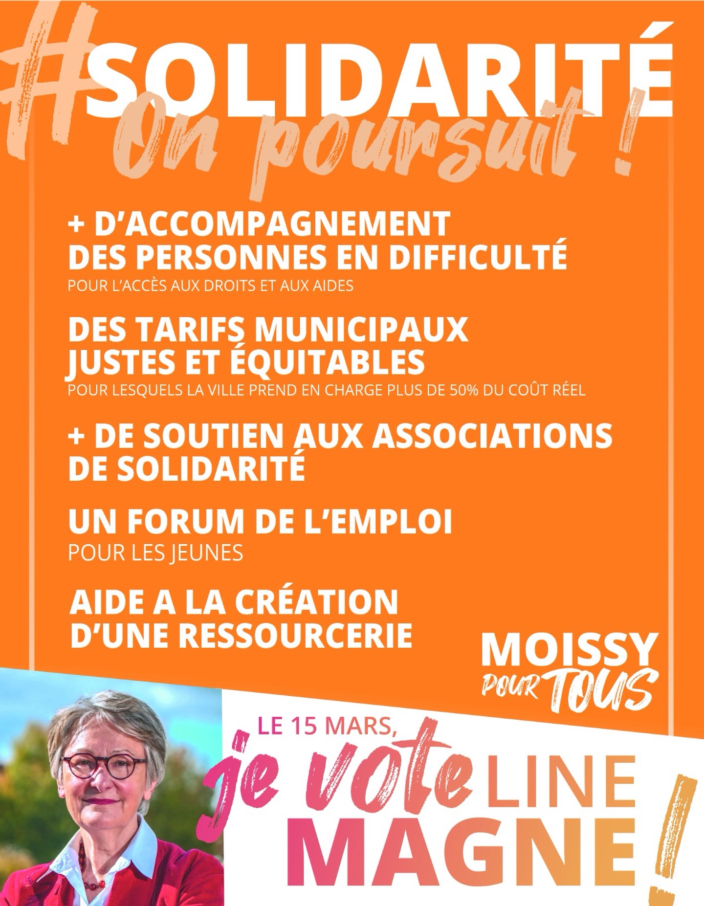 🧡 #Solidarité : on poursuit !
À Moissy, la solidarité se traduit par des actions concrètes pour accompagner celles et ceux qui en ont le plus besoin.
Renforcer l’accompagnement des personnes en difficulté dans l’accès à leurs droits, maintenir des tarifs municipaux justes et équitables, soutenir les associations solidaires, organiser un forum de l’emploi pour les jeunes et accompagner la création d’une ressourcerie : autant d’initiatives pour renforcer l’entraide et le lien social dans notre ville.
🗳️ Le dimanche 15 mars : #JeVoteLineMagne #JeVote2