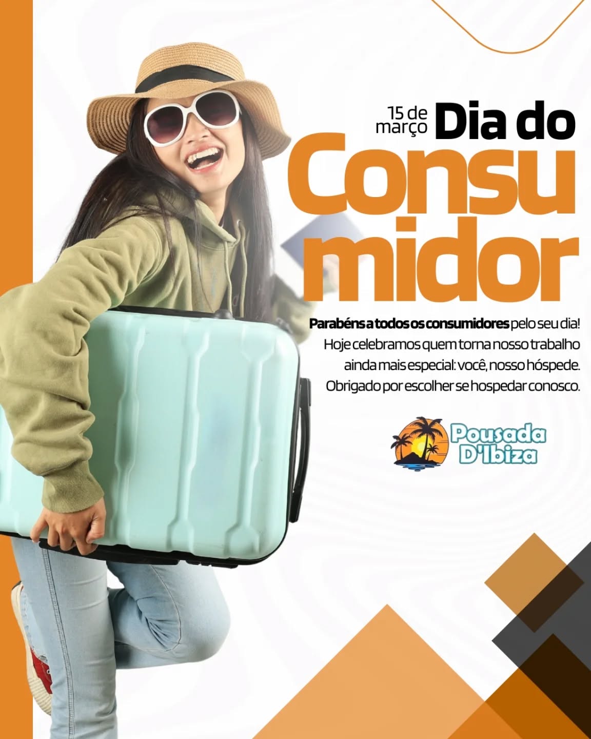 Hoje é o Dia do Consumidor, e queremos aproveitar a data para agradecer a quem torna tudo isso possível: você. ✨
Cada reserva, cada estadia e cada momento vivido aqui na Pousada D'ibiza faz parte da nossa história e nos motiva a continuar oferecendo experiências cada vez melhores.
É uma alegria receber você e fazer parte das suas viagens, descansos e momentos especiais. 🧡
Obrigado por escolher se hospedar conosco.