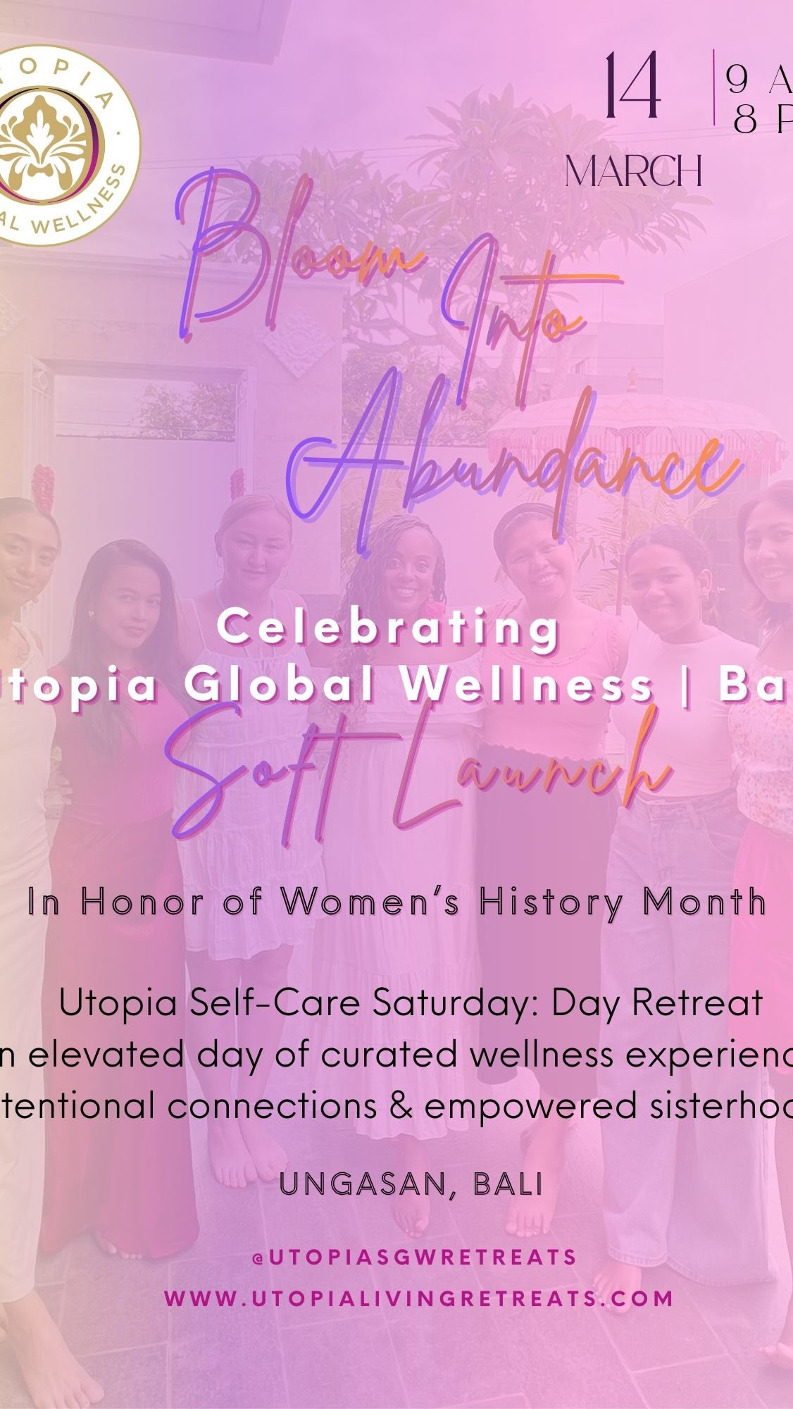 🌸 Sneak Peek Invitation | Soft Launch Experience
In celebration of Women’s History Month, we are thrilled to invite you to the soft launch of Utopia Global Wellness with a special one day retreat experience:
✨ Bloom Into Abundance — Self-Care Saturday
This intimate gathering is designed for faith and purpose driven women to pause, reconnect, and nourish mind, body, and spirit in a beautiful villa setting in Bali.
Think sacred stillness, soulful connection, restorative movement, and intentional community.
This is a sneak peek into the transformative experiences we are creating at Utopia Global Wellness.
🌿 Bloom Into Abundance | Soft Launch Retreat
📅 Saturday, March 14
🕙 10:00 AM to 8:00 PM
📍 Private Pool Villa, Ungasan
Experience Flow
9:00 AM — Welcome | Connecting & Lite Bites
10:00 AM — Sacred Meditation and Feminine Flow (Free Session)
1:00 PM — Blooming Tea Ritual
3:30 PM — Gratitude and Vision Journaling
6:30 PM — Sunset Soul and Sound Immersion
🎟️ Limited seats available!
✨Reserve your spot today:
https://megatix.co.id/events?search=bloom+into+abundance
Link 🔗 in Bio @utopiasgwretreats
We would love to welcome you into this beautiful beginning.
***
#UtopiaGlobalWellness #BloomIntoAbundance #SelfCareSaturday #BaliWellness WomensWellness