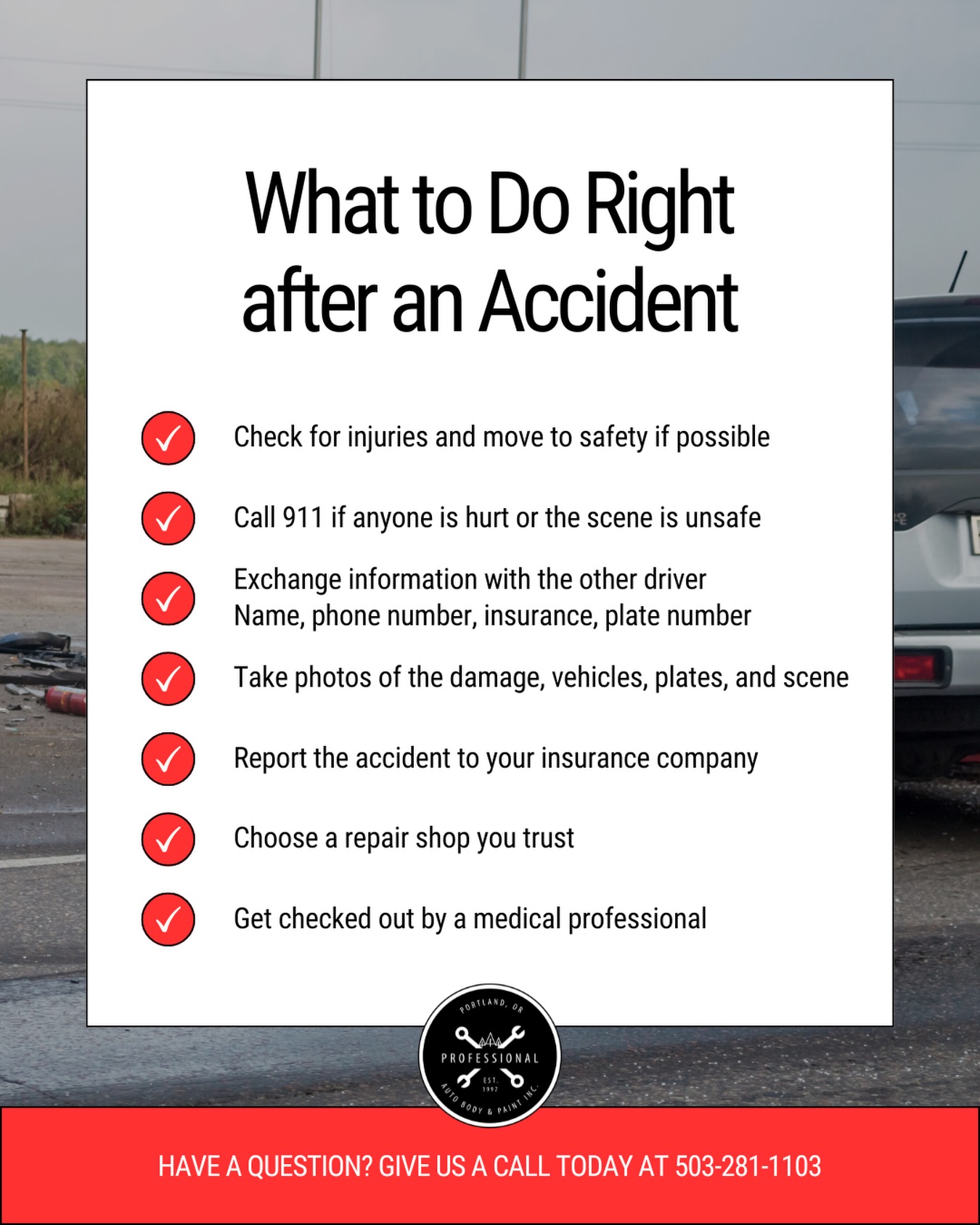 Accidents are stressful, confusing, and often overwhelming. In those first moments, it can be hard to know what to do next 💥🚗
At our shop, we believe our role goes far beyond repairing vehicles. We’re here to support, guide, and advocate for our customers every step of the way 🤝
If you’re ever involved in an accident, here are some important steps to protect yourself and your interests:
✅ Check for injuries and move to a safe location if possible.
Your safety and the safety of others always comes first. 🛟
📞 Call 911 if anyone is hurt or the scene is unsafe.
🪪 Exchange information with the other driver.
Get their name, phone number, insurance details, and license plate.
📸 Take photos of everything.
Vehicles, damage, license plates, and the surrounding scene.
📝 Report the accident to your insurance company so a claim can begin.
🔧 Choose a repair shop you trust.
Remember: you have the right to decide where your vehicle is repaired.
🏥 Get checked by a medical professional if you feel pain or discomfort afterward. Your health matters.
At our shop, we don’t just fix cars, we help people ❤️
We guide our customers through the process, answer questions, help communicate with insurance, and advocate for repairs that restore vehicles safely and properly.
If you’re ever unsure about what to do after an accident, reach out. We’re here to help 🙌
📞 503-281-1103
#caraccidents
#consumeradvocacy
#realtalk
#customerexperience
#bodyshop