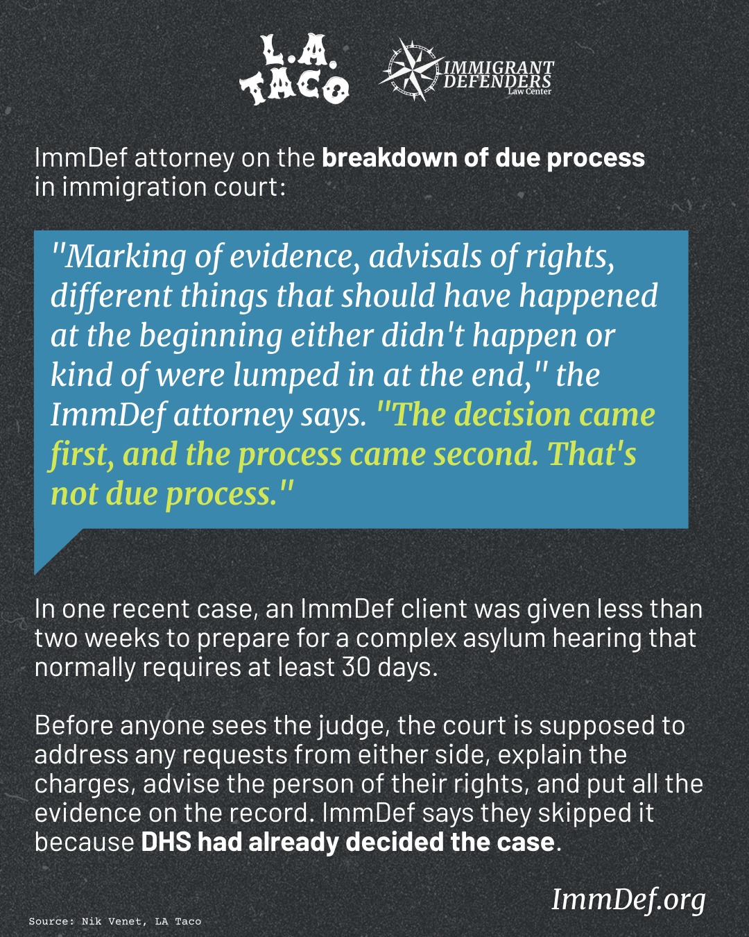 What happens when the immigration court system - which holds the fate of our neighbors' lives in its hands - begins to implode?
ImmDef attorneys report rushed hearings, missing procedural safeguards, and increasing pressure on detained people to withdraw their claims or accept deportation ever since the Trump administration began a nationwide purge of immigration judges replaced them with military 'deportation judges'. This has allowed the mass deportation scheme to infiltrate the immigration court settings. In some cases, people detained for months are sometimes given only days or weeks to prepare complex asylum cases that typically require far more time. The result is a court process moving faster than people’s ability to meaningfully defend their cases.
“It’s never been a particularly fair process for immigrants, but at least there was an attempt at maintaining judicial neutrality,” an ImmDef attorney told @lataco. “At this point the judges are just rubber stamping DHS policies.”
🔗Read More: https://lataco.com/los-angeles-deportation-judges
