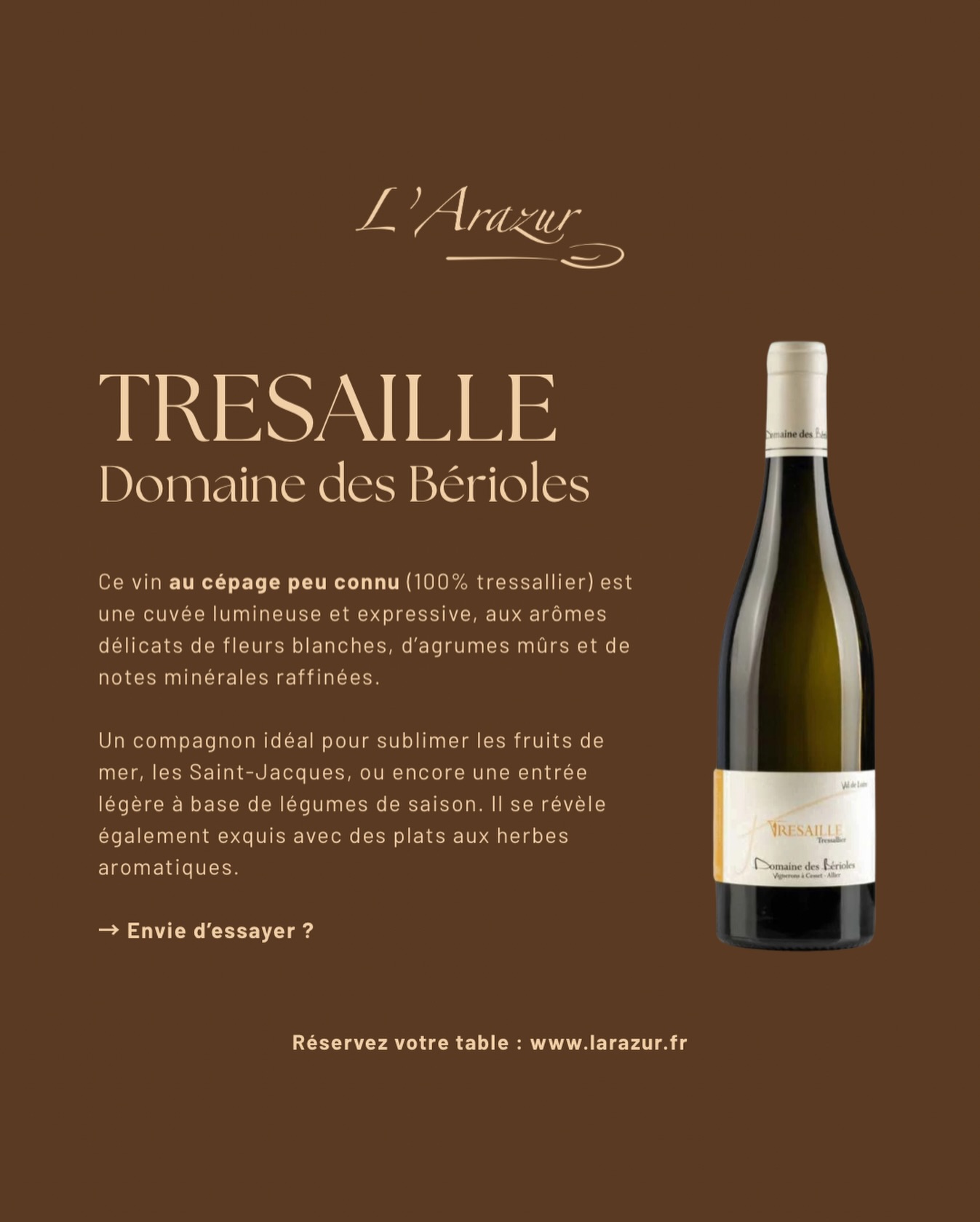 Un vin blanc singulier, peu connu et élégant, à découvrir pour sa fraîcheur, sa finesse et son caractère confidentiel 🍷
‣ Réservez votre table sur www.larazur.fr