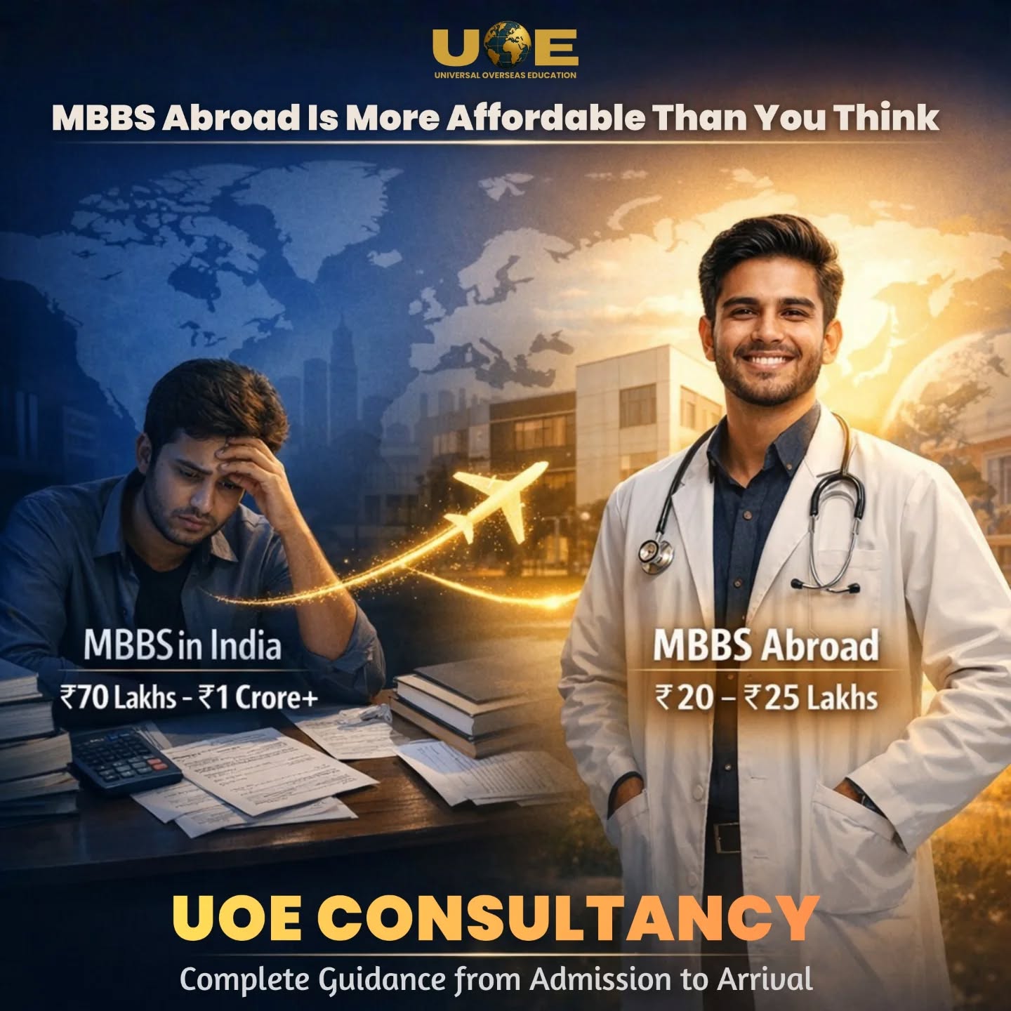 Many students believe MBBS abroad is expensive โ but the reality is often the opposite.
While medical education in India can cost โน70 lakhs to โน1 crore or more in private colleges, several internationally recognized universities abroad offer MBBS programs starting around โน20โ25 lakhs.
With **UOE Consultancy**, students receive complete guidance throughout the process โ from university selection and admission to visa support and travel assistance.
๐ฉ DM us to learn how you can start your MBBS abroad journey with the right support.