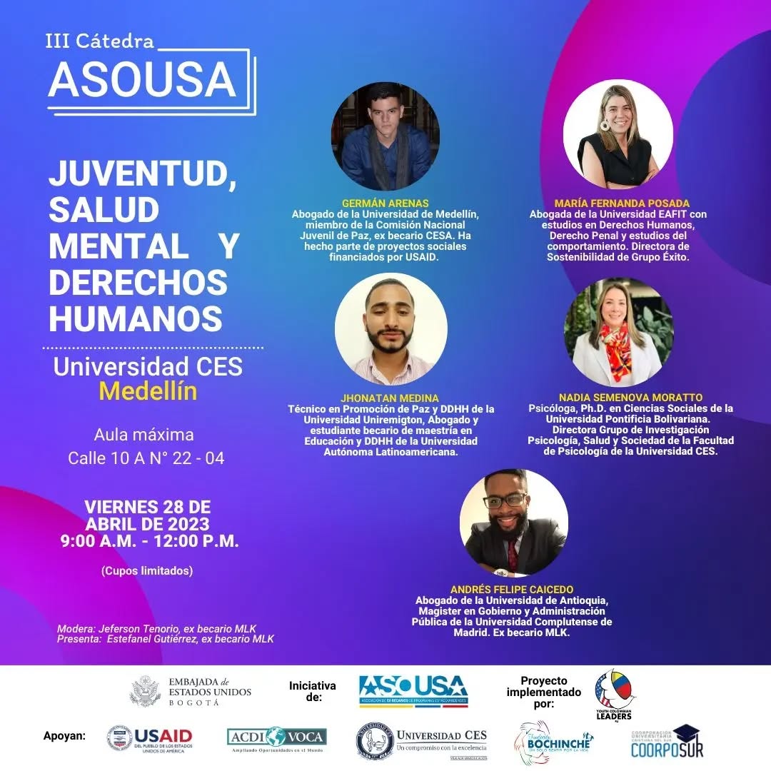 ¡Te esperamos en MEDELLÍN! 🤩
La fundación Youth Colombian Leaders sigue liderando la implementación la #CátedraASOUSA2023 recorriendo el país y brindando experiencias significativas para todos nuestros asistentes. Esta quinta sesión se llevará a cabo en la Universidad CES.
Te esperamos el viernes 28 de abril de 9:00 am a 12:00 pm, para que hablemos de: Juventud, salud mental y derechos humanos .
Contaremos con la participación de expertas, expertos y exbecarios de programas del U.S. Department of State Exchange Programs - U.S. Department of State.
¡Entrada libre hasta completar el aforo, te esperamos!
Apoyan: @usembassybogota - @usaidcolombia - @acdivoca_colombia - @universidadces - @youth.colombian.leaders - @fundacionbochinche - @coorposur @asousa_colombia
¡Nuestra próxima parada será Bucaramanga!