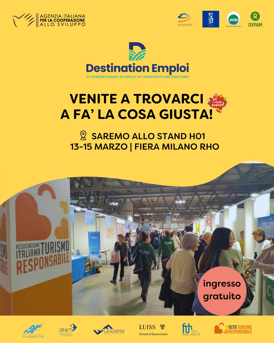 𝐅𝐚’ 𝐥𝐚 𝐜𝐨𝐬𝐚 𝐠𝐢𝐮𝐬𝐭𝐚! 𝟐𝟎𝟐𝟔: 𝐮𝐧’𝐨𝐜𝐜𝐚𝐬𝐢𝐨𝐧𝐞 𝐝𝐢 𝐢𝐧𝐜𝐨𝐧𝐭𝐫𝐨 𝐢𝐧𝐭𝐞𝐫𝐧𝐚𝐳𝐢𝐨𝐧𝐚𝐥𝐞 𝐞 𝐝𝐢 𝐧𝐮𝐨𝐯𝐞 𝐜𝐨𝐥𝐥𝐚𝐛𝐨𝐫𝐚𝐳𝐢𝐨𝐧𝐢 𝐧𝐞𝐥 𝐭𝐮𝐫𝐢𝐬𝐦𝐨 𝐫𝐞𝐬𝐩𝐨𝐧𝐬𝐚𝐛𝐢𝐥𝐞
Durante @falacosagiusta_mi sarà presente una delegazione di agenzie di viaggio, DMC e tour operator tunisini, nell’ambito del progetto Destination Emploi.
Il progetto promuove l’integrazione socio-economica in Tunisia, con particolare attenzione a giovani, donne e persone in situazioni di vulnerabilità, valorizzando il turismo responsabile come strumento di sviluppo locale. nelle municipalità di Jendouba, Monastir, Tozeur e Médenine.
La fiera sarà un’occasione concreta per incontrare operatori locali e creare nuove collaborazioni. Se volete conoscere gli operatori tunisini presenti in fiera, scriveteci per organizzare un incontro.
Vi aspettiamo allo 𝐬𝐭𝐚𝐧𝐝 𝐇𝟎𝟏, 𝐩𝐚𝐝. 𝟏𝟔, nell’area dedicata ai Grandi Cammini, Turismo Responsabile e Outdoor!
L'attività fa parte del progetto Destination Emploi (AID 012833), finanziato dall’@aics_tunis e realizzato da @avsi_foundation e @oxfamitalia in partenariato con @leadersorg, @uniluiss , FTH e AITR.