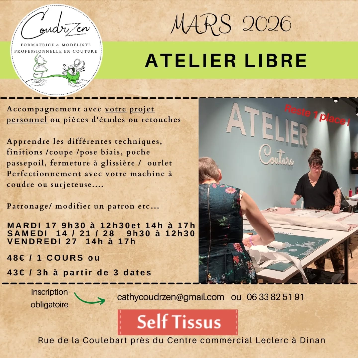 Ils restent quelques places alors n'hésitez pas à m'envoyer un mail à cathycoudrzen@gmail.com
4 personnes maxi en cours 😃 A bientôt Cathy