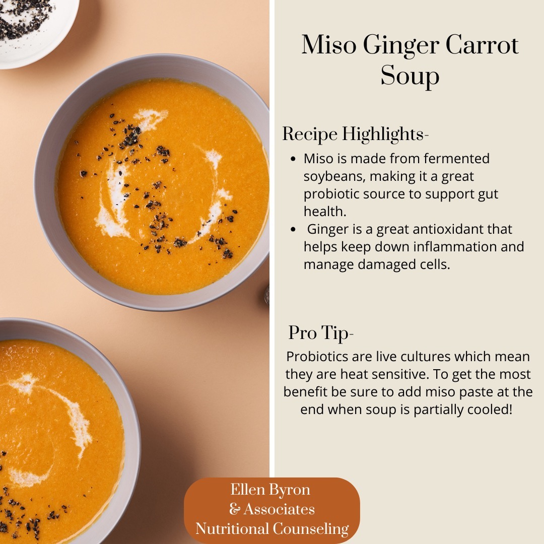 Recipe of the Week!
This soup packs a gut health punch! It uses strong antioxidants like ginger and apple cider vinegar that are also great for aiding in digestion. Toss in a few prebiotics like ginger and carrots that are great sources of fiber. Top it off with miso paste made from fermented soybeans which is a great probiotic!
This soup is warm and cozy and can help with digestion and overall gut health! Perfect for colder weather and cold season!
-
#recipeoftheweek #immunehealth #guthealth #gutbacteria #gutmicrobiome #guthealthcooking #healthyrecipes #dietitiansofig