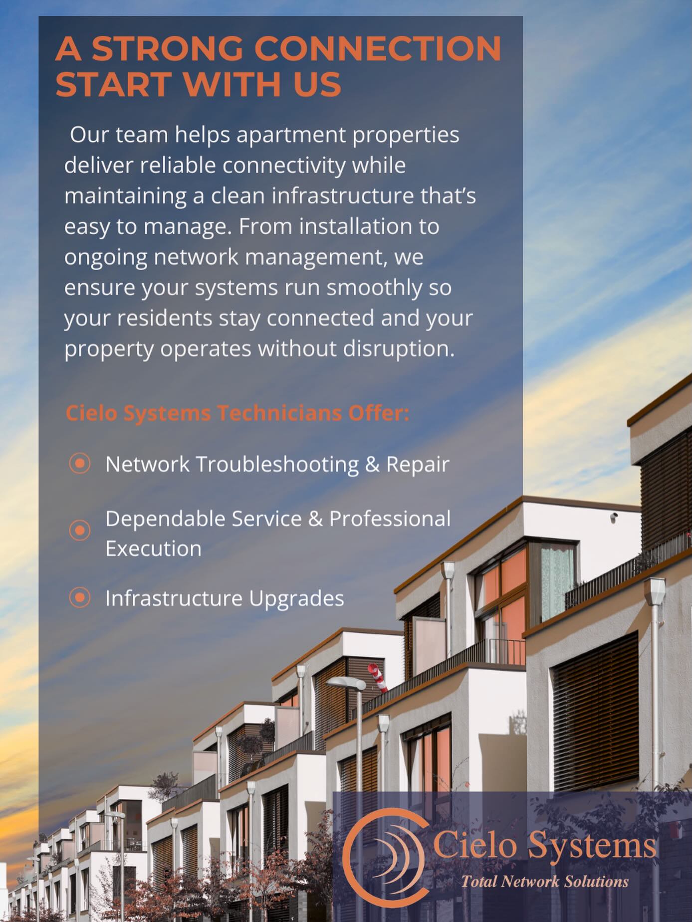 We partner with multifamily properties to install, maintain and manage their infrastructure so residents stay connected and the property keeps running smoothly.
Interested in partnering with us? Contact us by calling 806-977-9001 or by our website today.
#installs #networkmanagement #professionaltechnicianwork #lowvoltage #multifamilyexperts